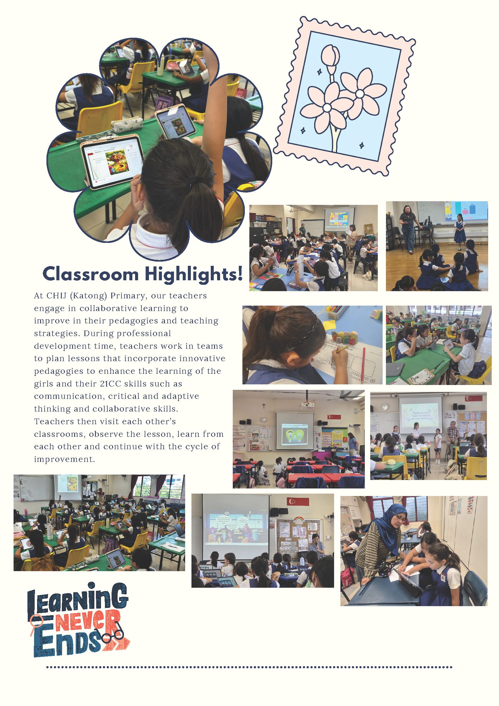 A school newsletter titled Classroom Highlights showing multiple photos of students and teachers in primary school classrooms.