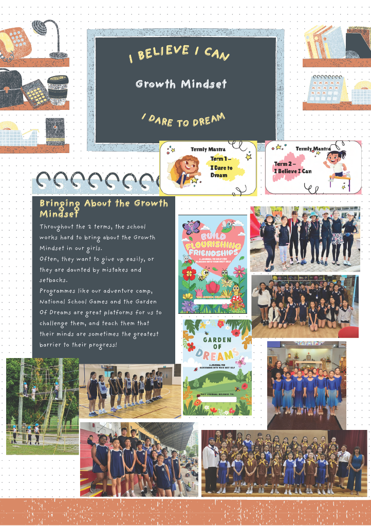 School poster on Growth Mindset with text, student group photos, and colorful journal book covers.
