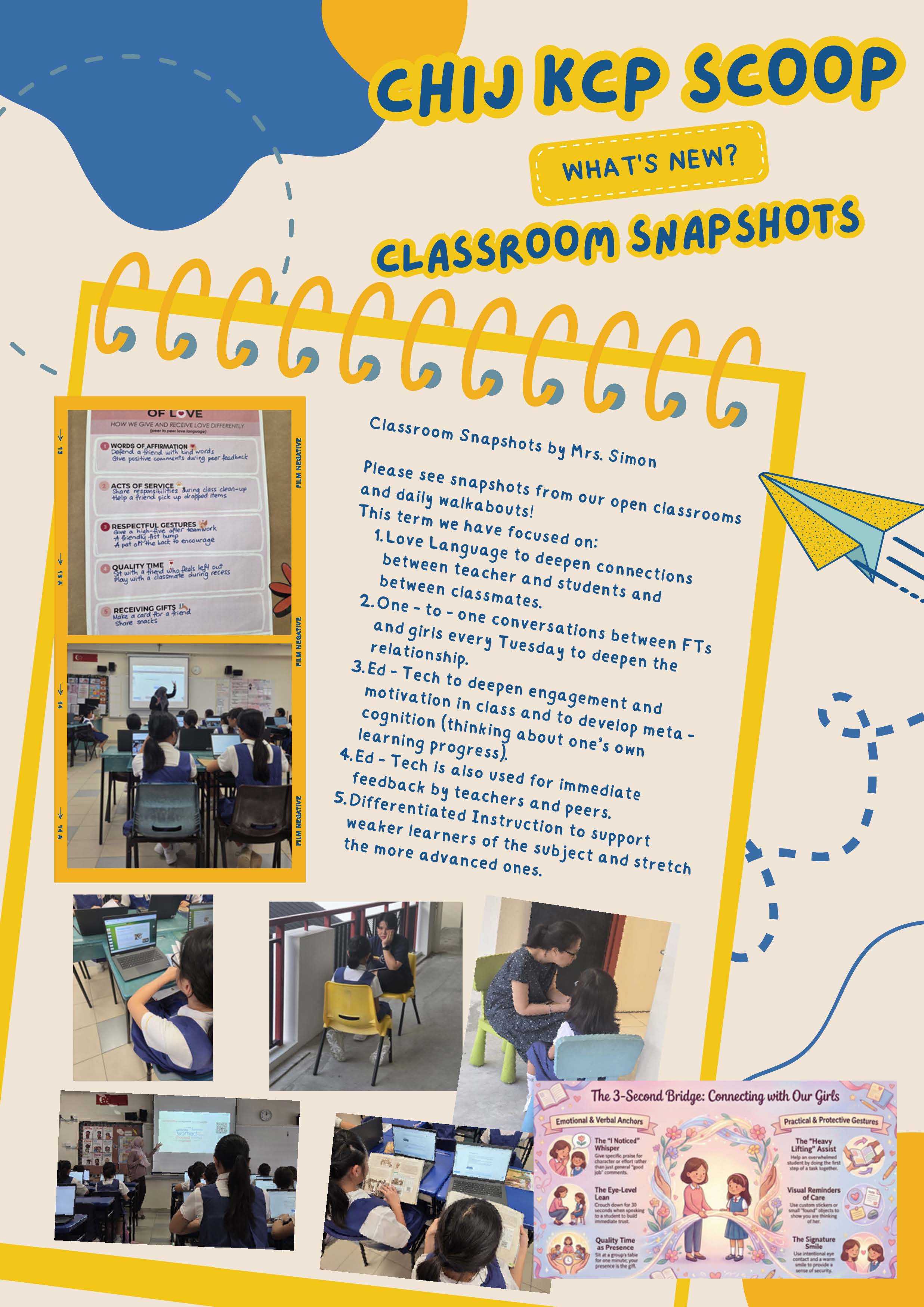 CHIJ KCP Scoop newsletter page showing classroom snapshots with student and teacher photos and text.