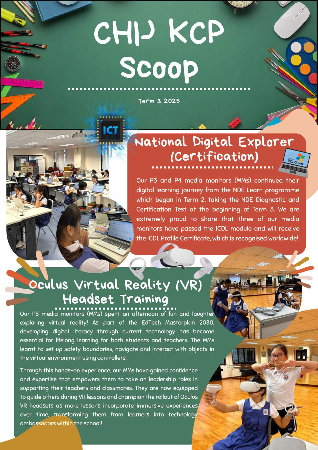School newsletter titled CHIJ KCP Scoop Term 3 2025 featuring students using laptops and VR headsets.