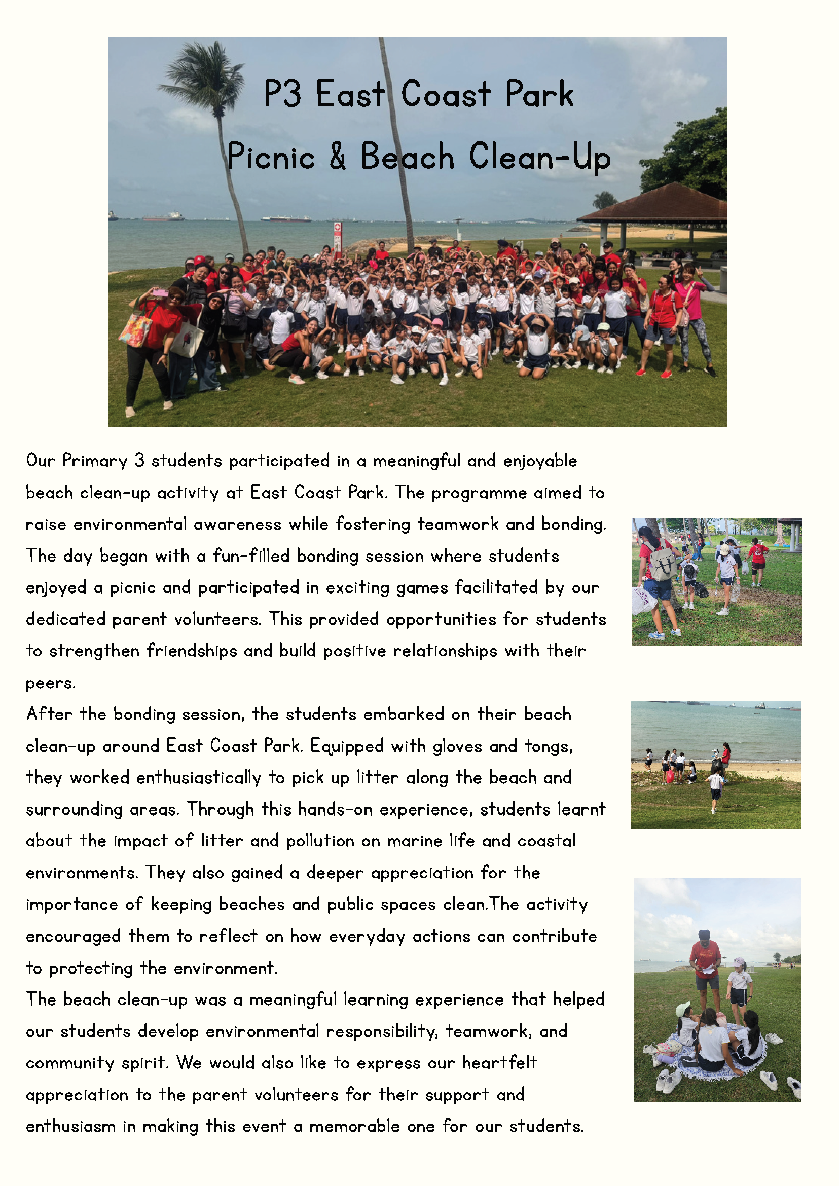 A flyer about a P3 East Coast Park Picnic and Beach Clean-Up, with group photos of students and teachers outdoors.