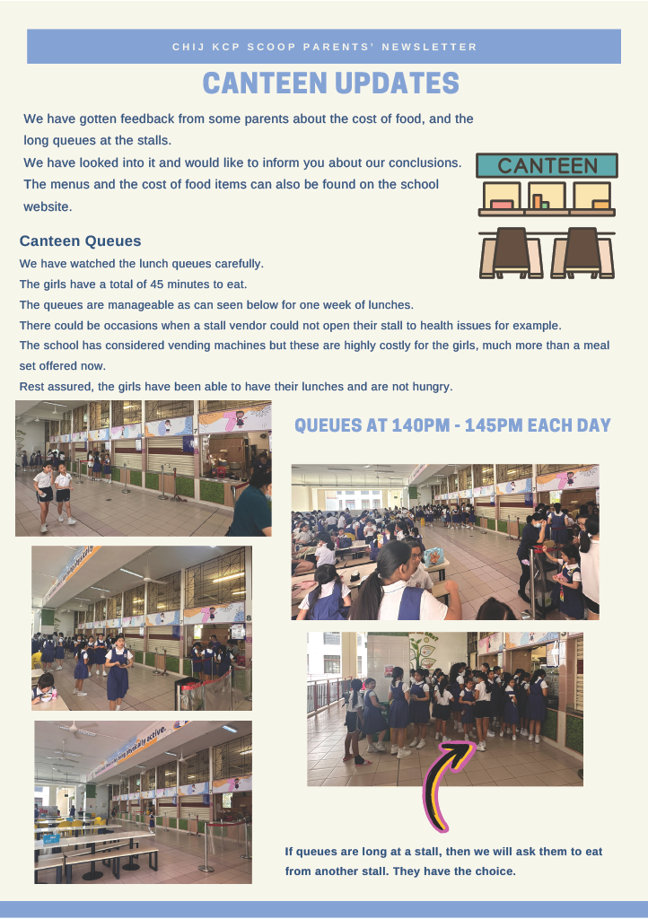 A school newsletter titled Canteen Updates with photos of students queuing in a canteen and related text.