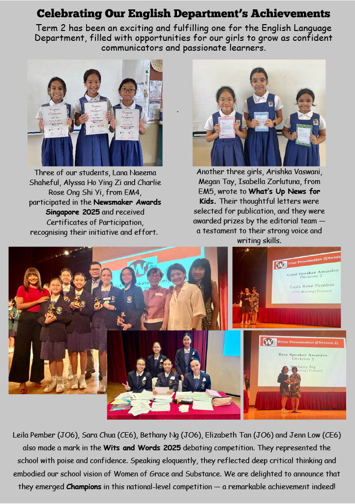 A school flyer celebrating English department achievements with student photos holding certificates and debate competition awards.