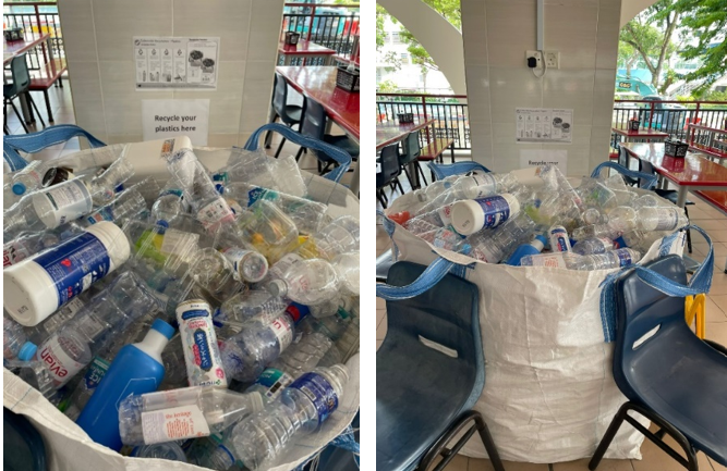 Large blue bags filled with plastic bottles sit near a "Recycle your plastics here" sign in a dining area.