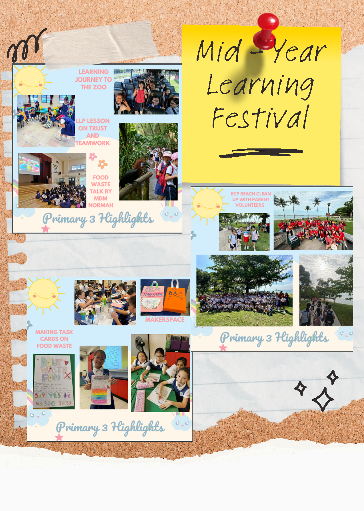 Corkboard collage titled Mid-Year Learning Festival showing Primary 3 students at zoo trips, beach cleanup, and classroom activities.