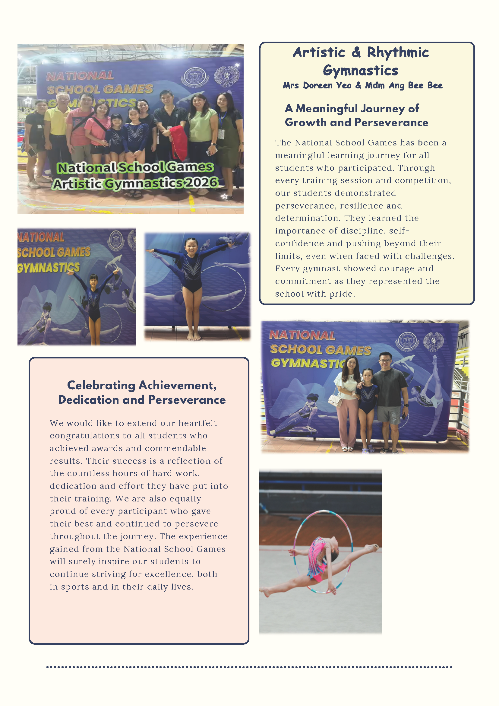 Newsletter page about National School Games Artistic and Rhythmic Gymnastics with photos of young gymnasts performing and posing.