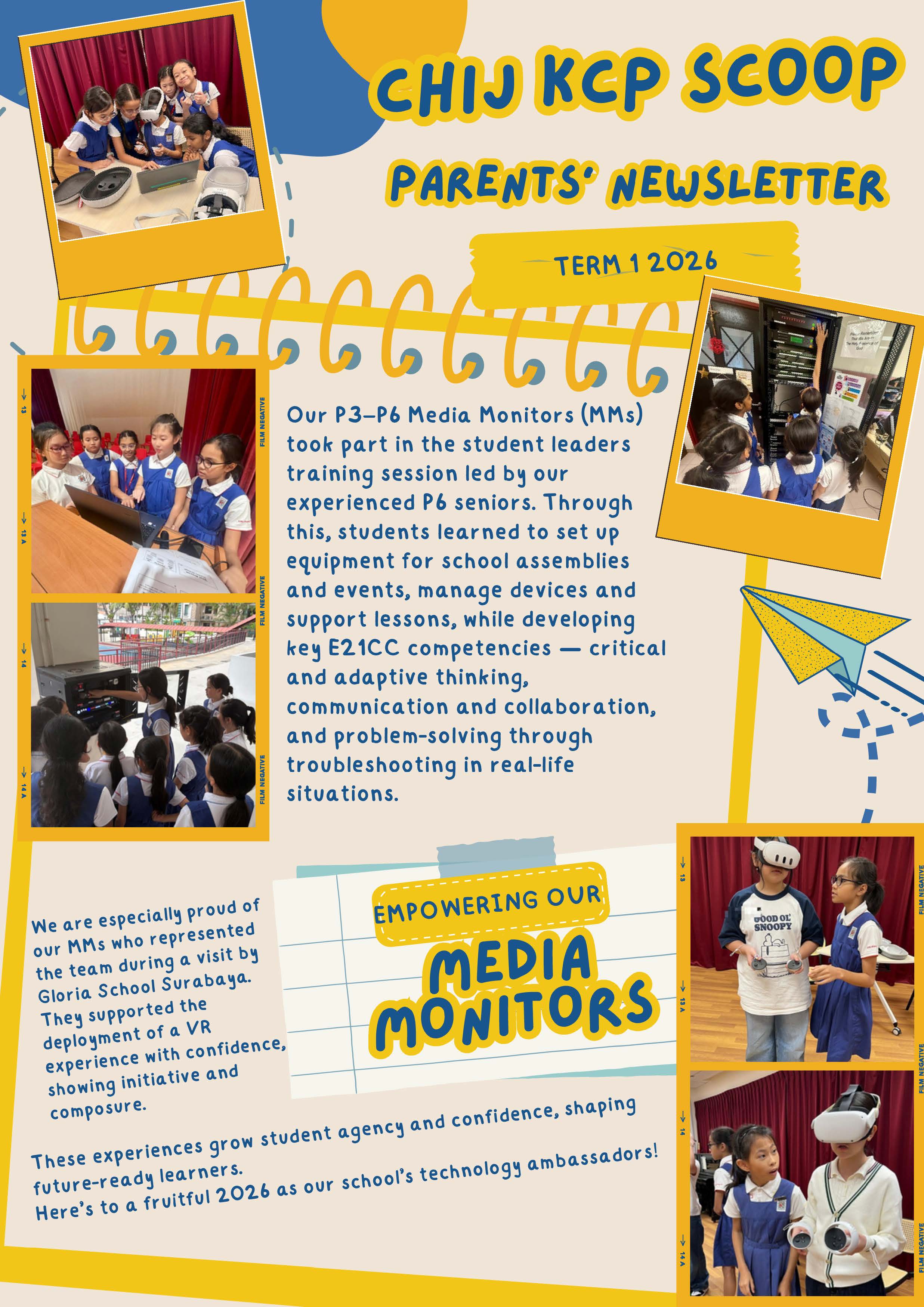 CHIJ KCP Scoop Parents Newsletter Term 1 2026 featuring photos of students using VR headsets and AV equipment.
