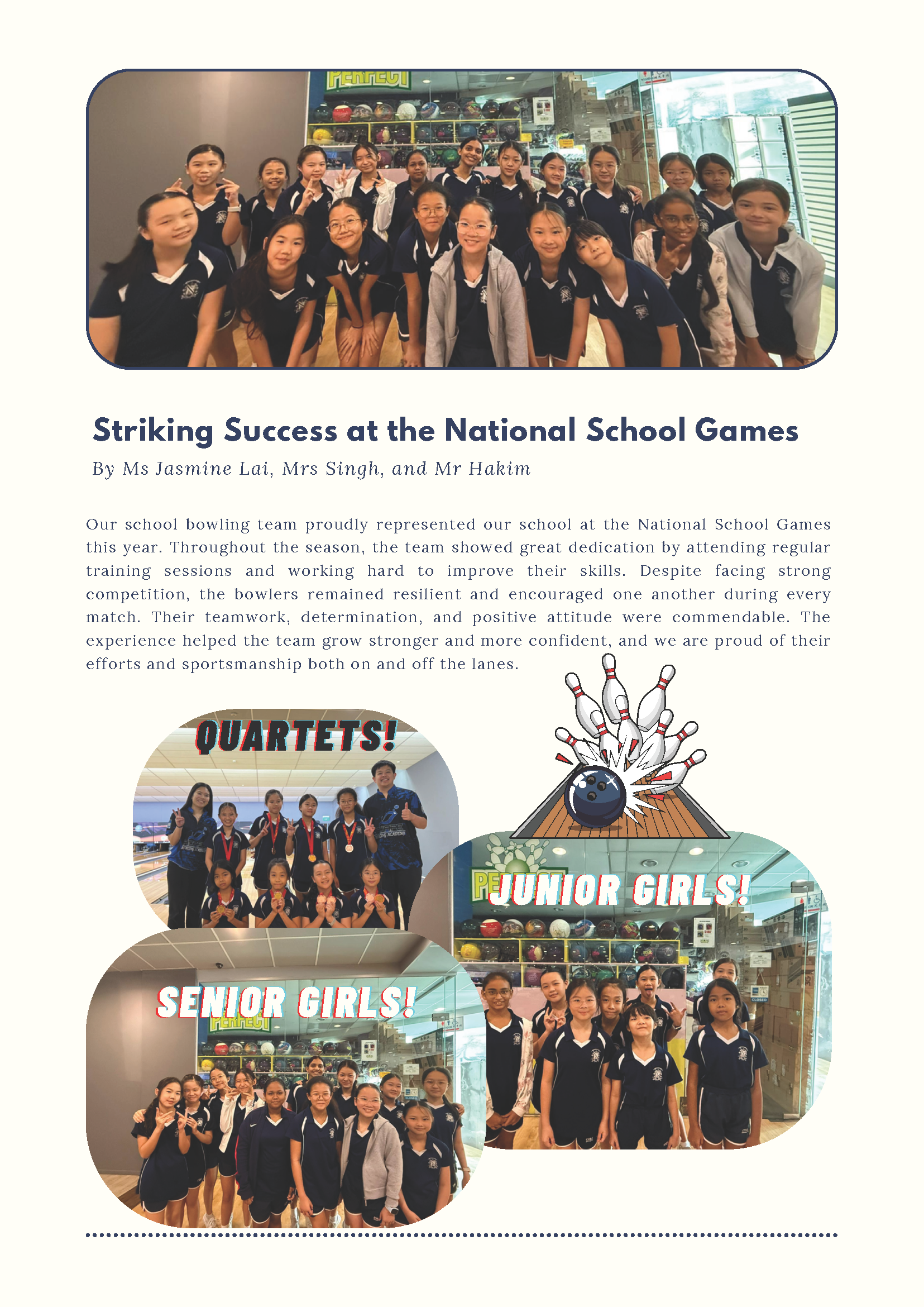 School newsletter page about a bowling team at National School Games, showing group photos of quartets, senior girls, and junior girls.