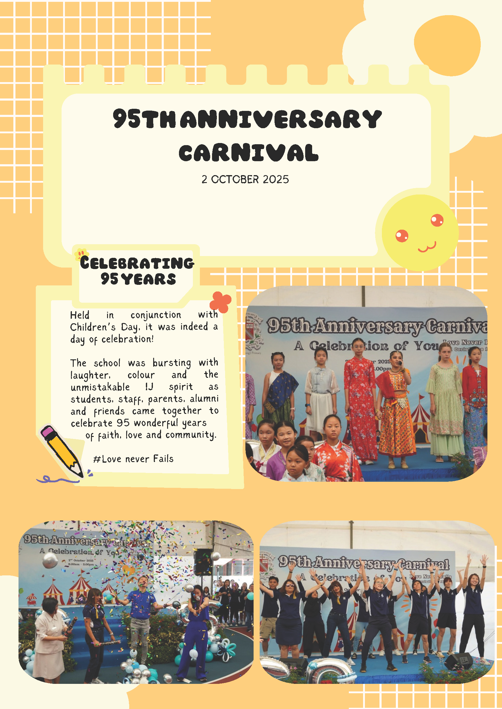 Flyer for a school's 95th Anniversary Carnival on 2 October 2025, with photos of students performing on stage.