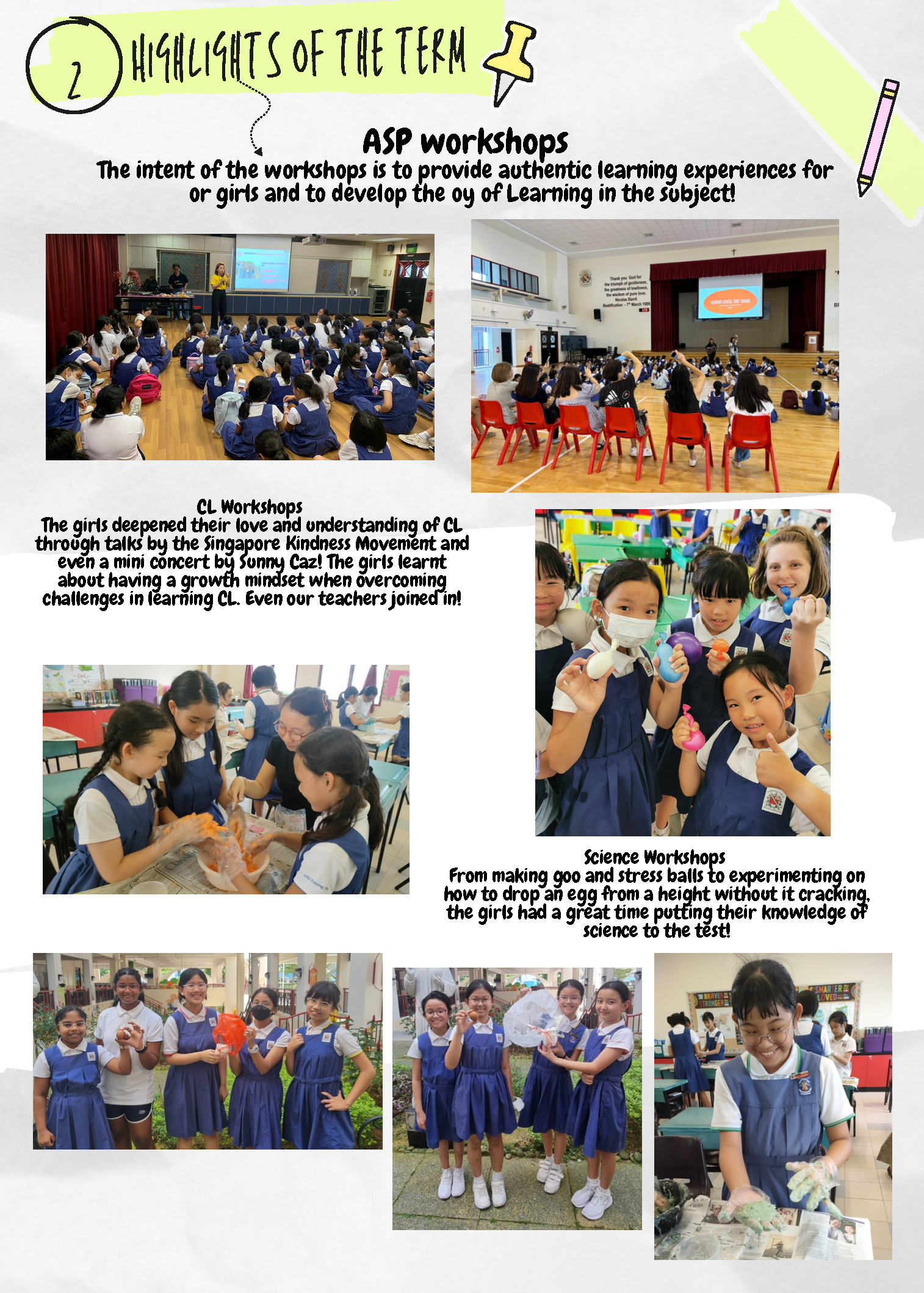 School newsletter showing girls in blue uniforms at ASP workshops including CL talks and science experiments.
