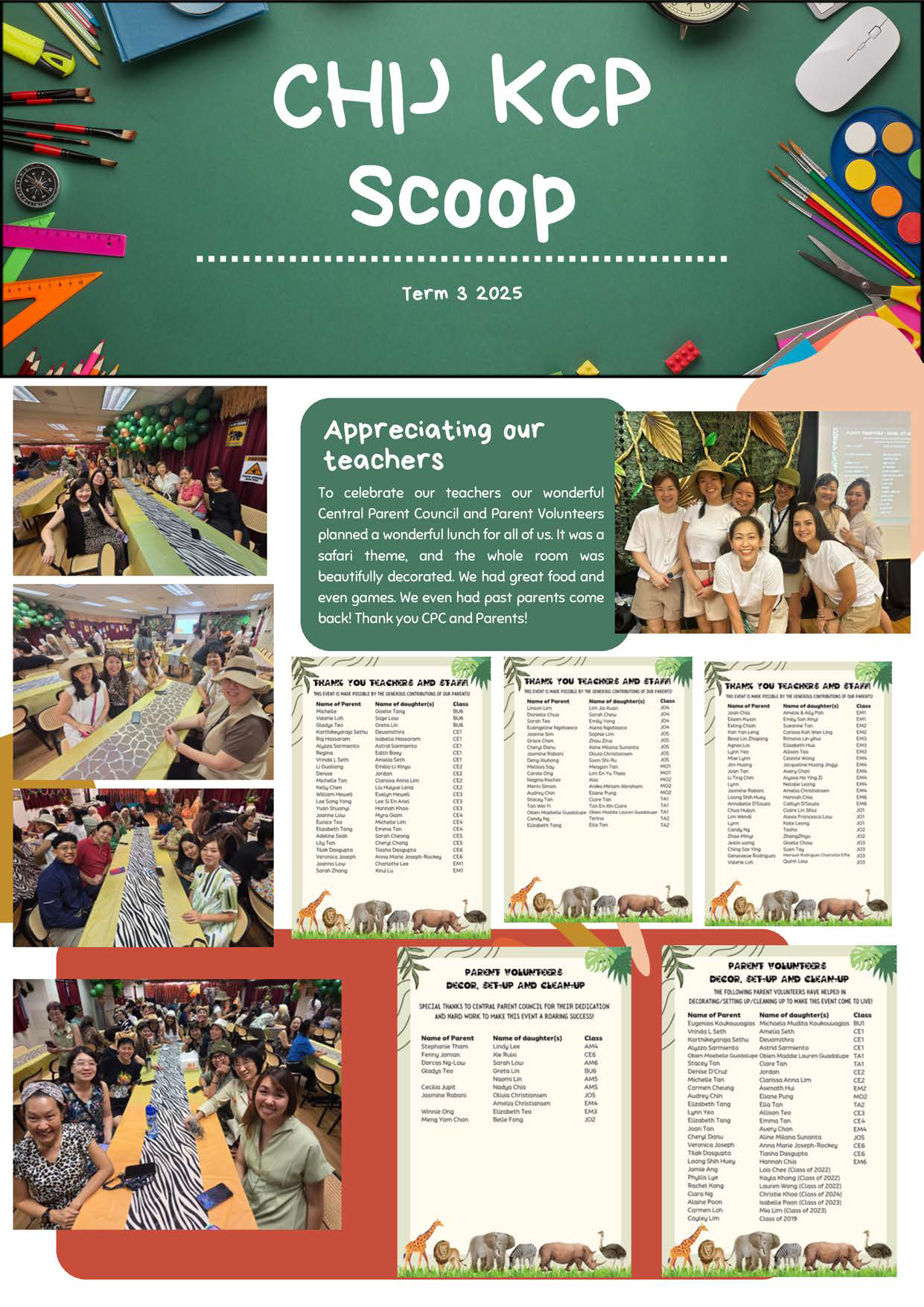Newsletter titled CHIJ KCP Scoop Term 3 2025 featuring teacher appreciation event photos and thank-you lists with safari decorations.