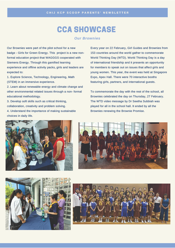 CHIJ KCP school newsletter page titled CCA Showcase featuring text about Brownies and four photos of uniformed girls.