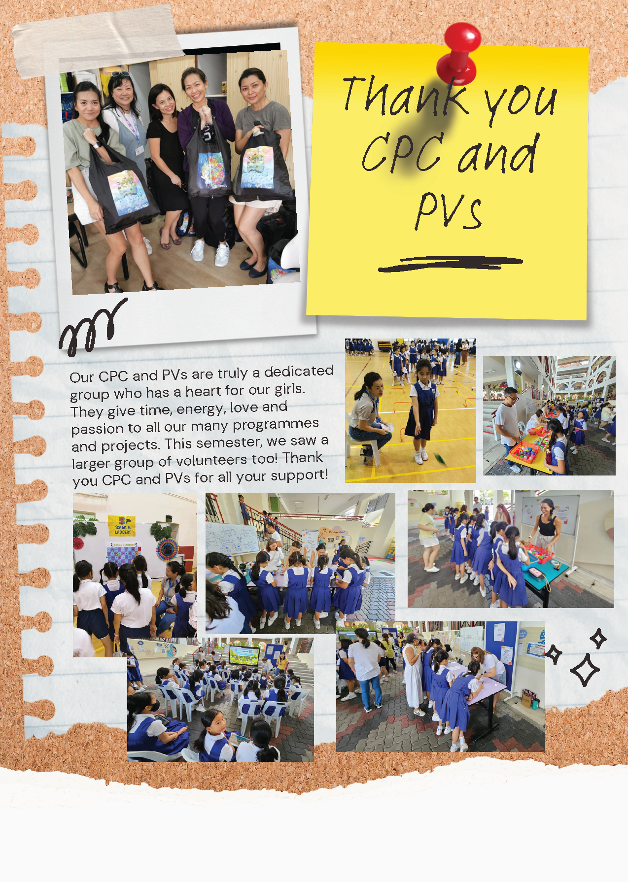 A corkboard collage with a sticky note saying "Thank you CPC and PVS," photos of volunteers and students in blue uniforms at school activities.