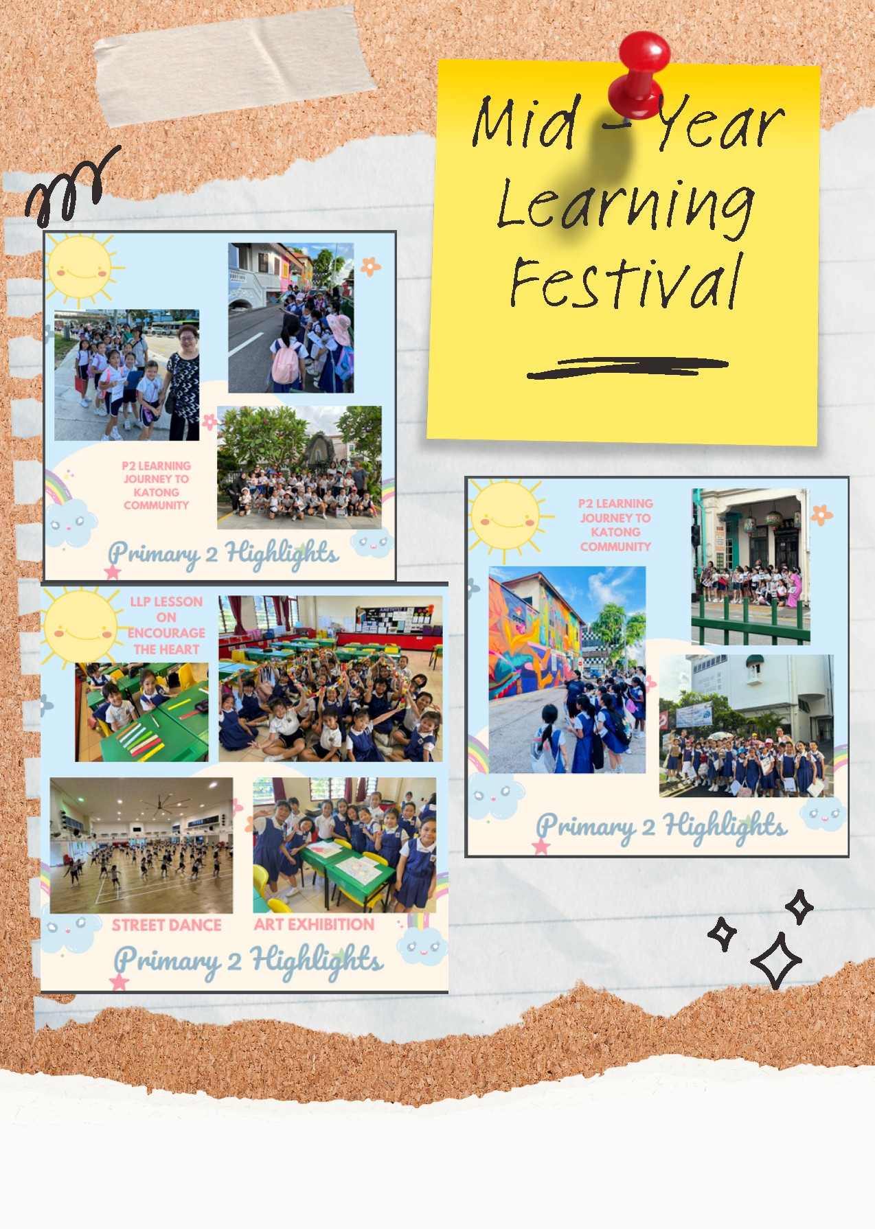 Corkboard display titled Mid-Year Learning Festival showing Primary 2 student photos of field trips, dance, and art activities.
