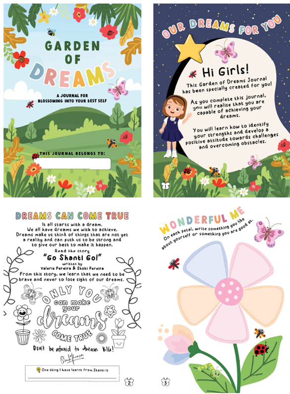 Four pages of a children's journal called Garden of Dreams with colorful illustrations, flowers, and motivational text for girls.