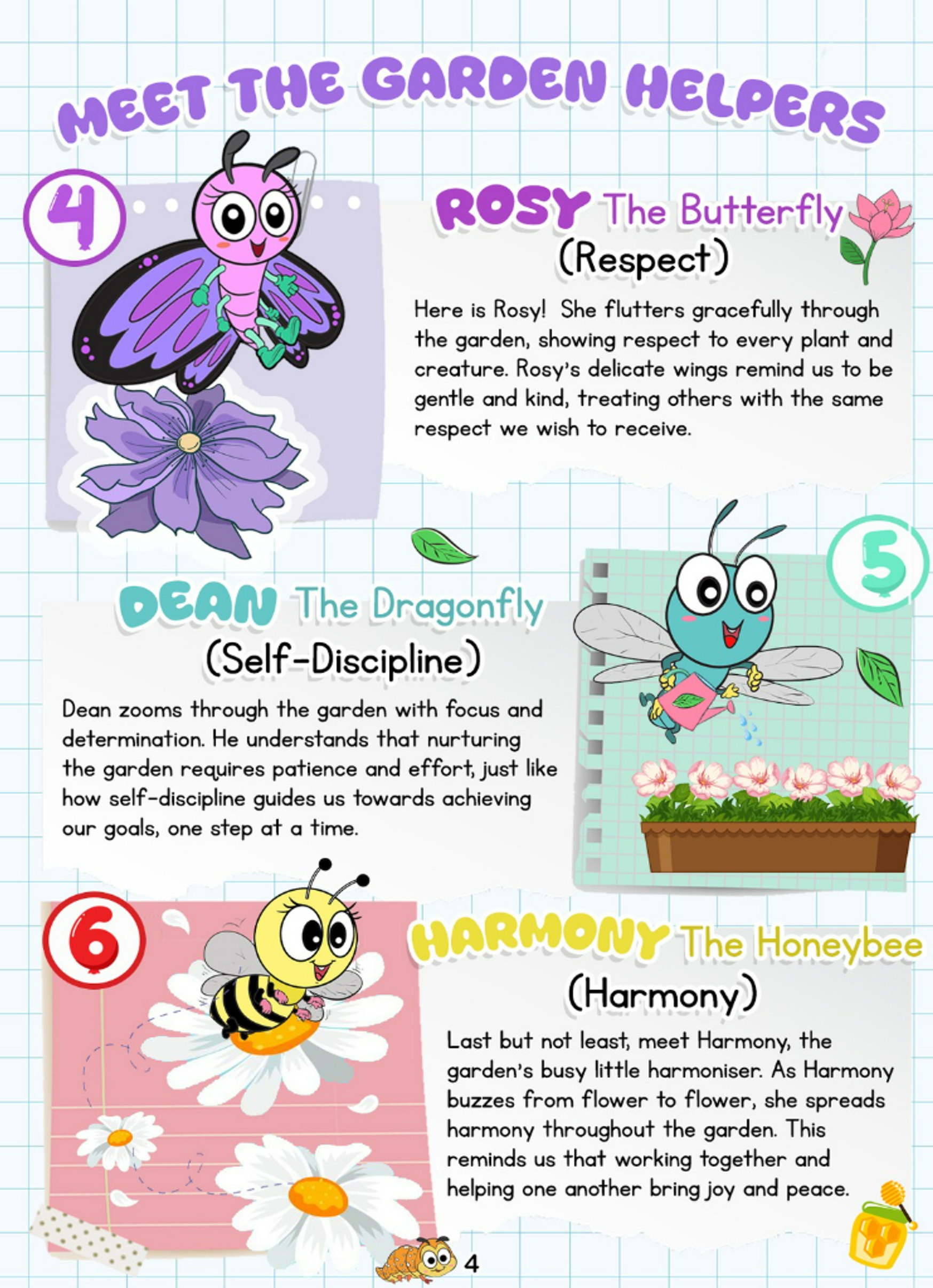 Poster of garden helpers: Rosy butterfly, Dean dragonfly, and Harmony honeybee with short descriptions.
