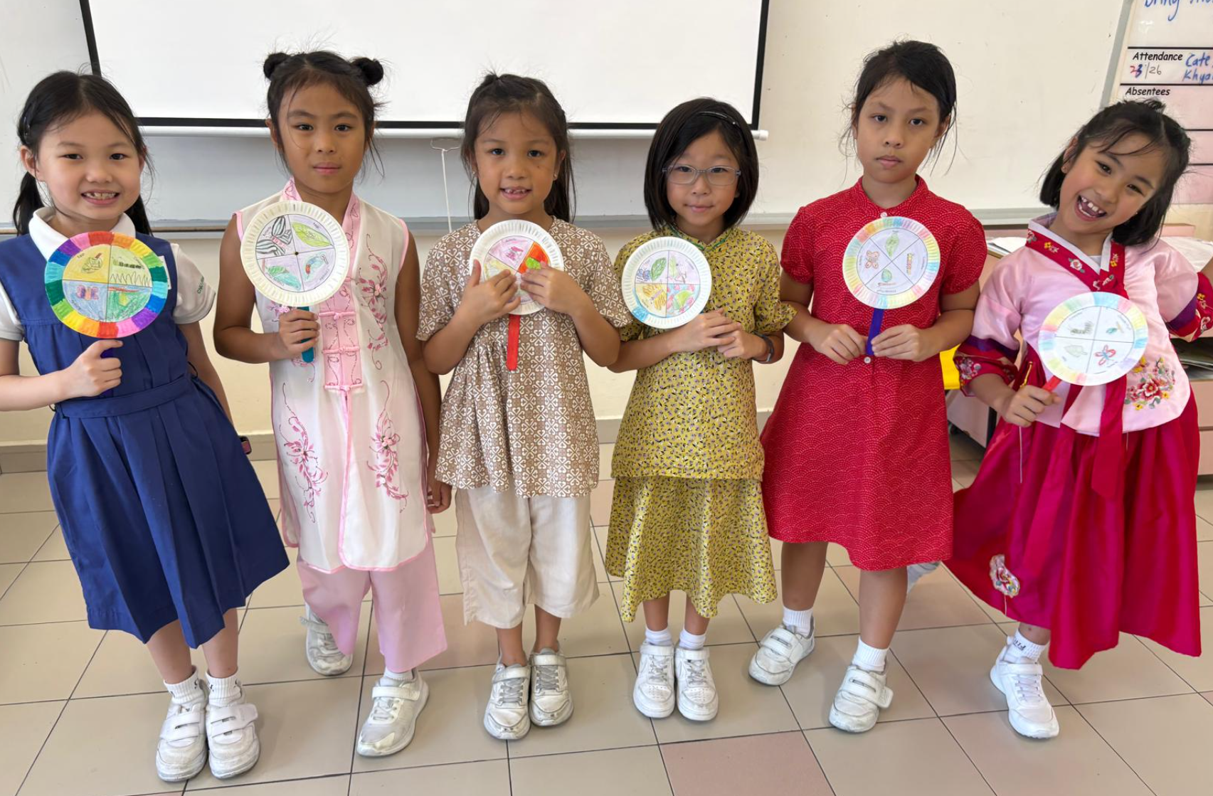 Students present the life cycle of a butterfly on handmade fans