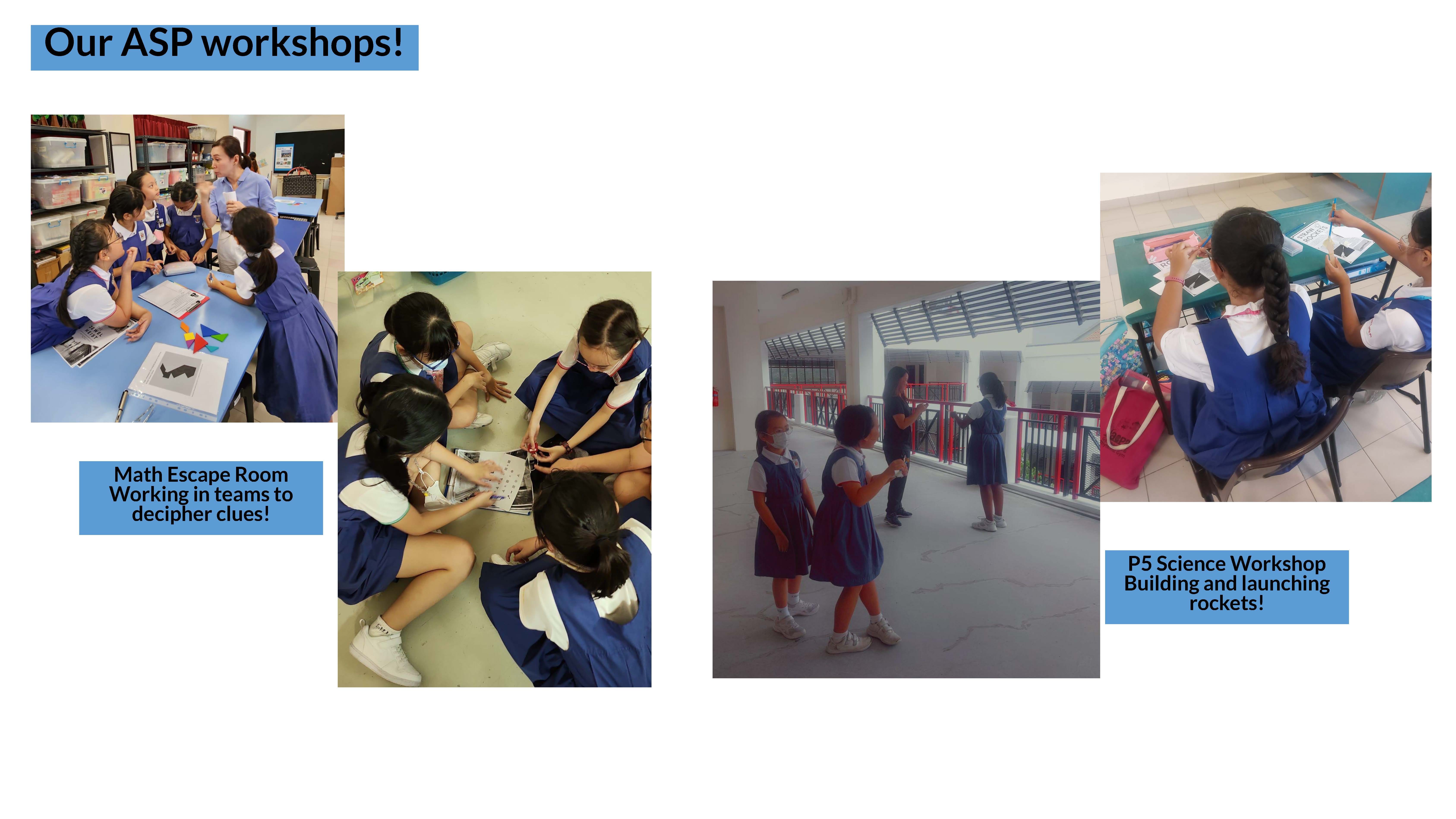 Four photos of students in blue uniforms doing ASP workshops: math escape room, group activity, outdoor task, and science rocket building.
