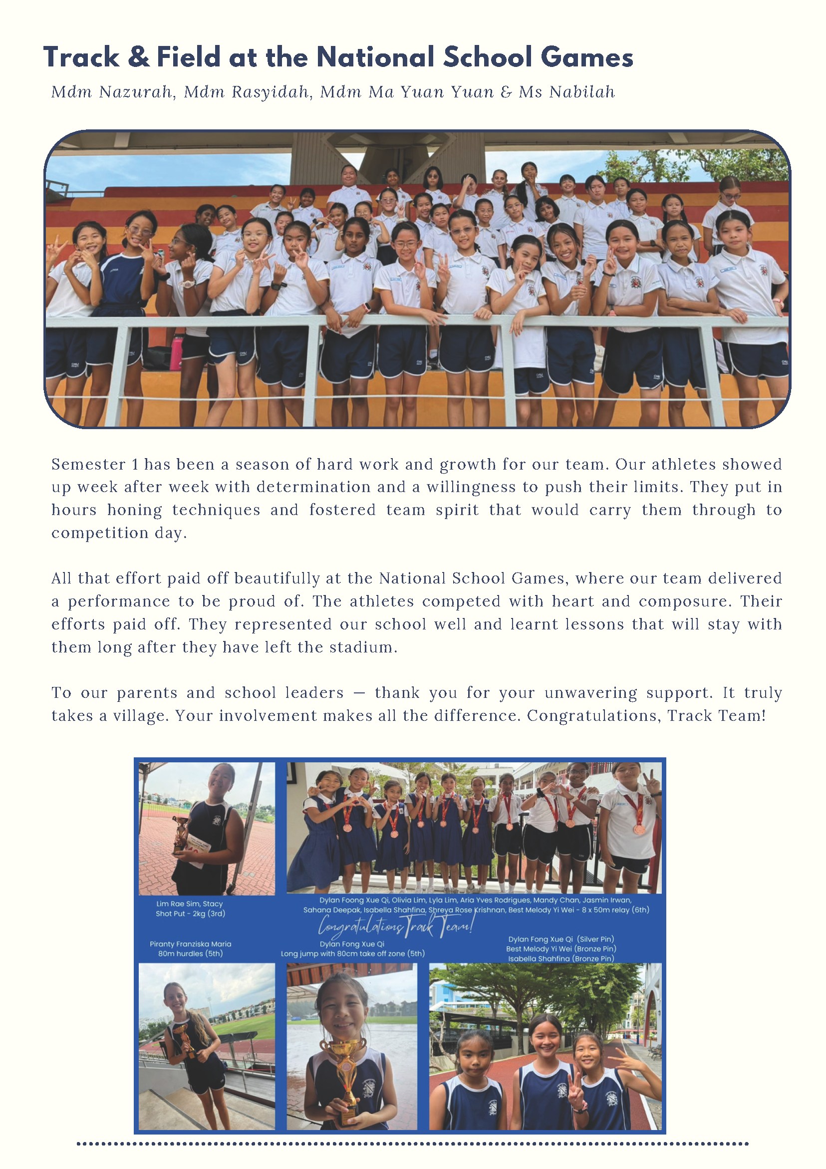 School newsletter about Track and Field at National School Games, featuring group photos of student athletes in uniform.