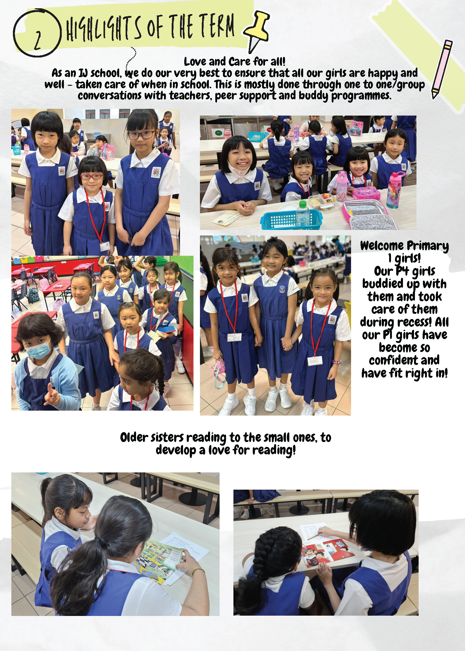 School newsletter showing girls in blue uniforms doing buddy activities and reading together during term highlights.
