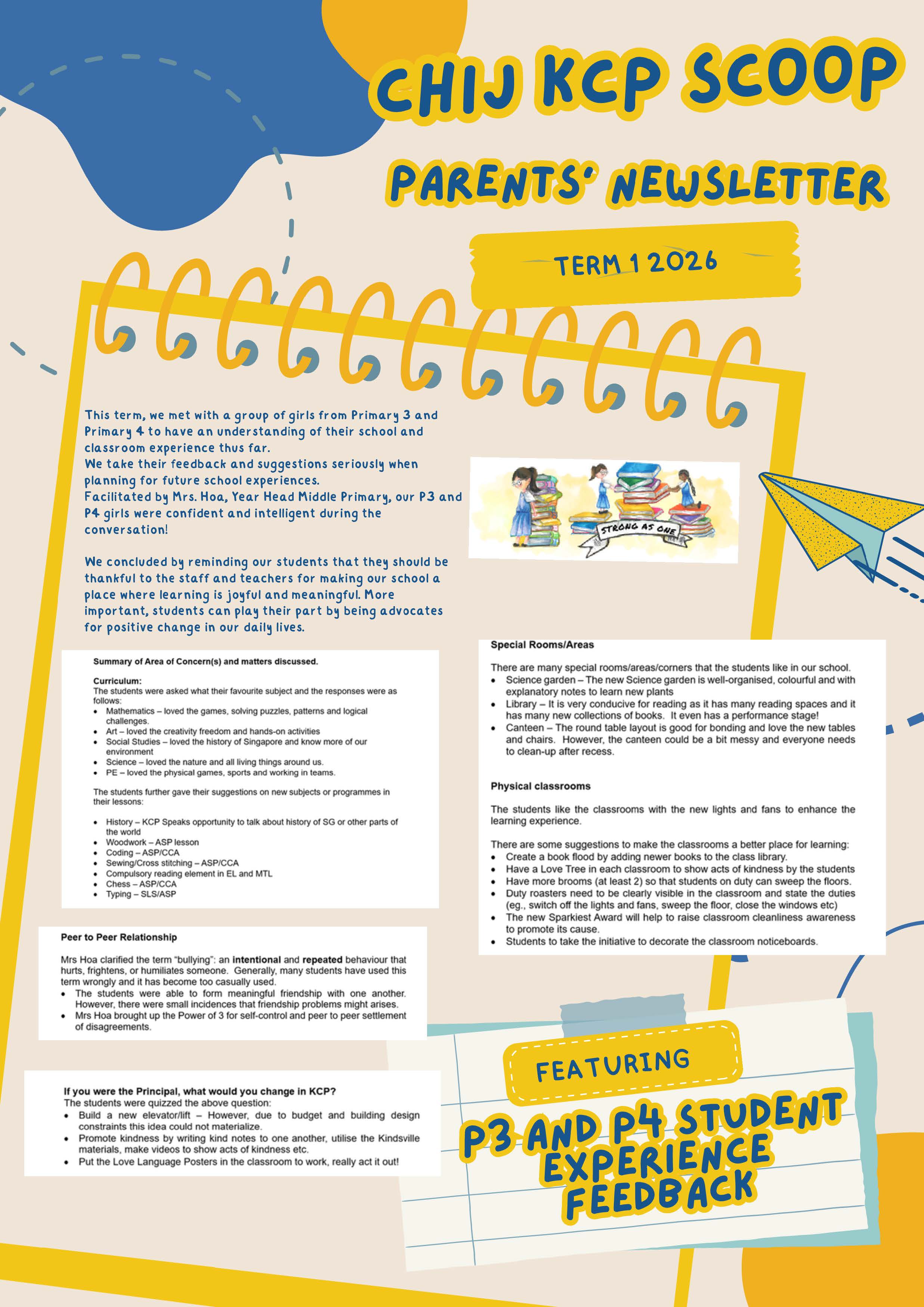 CHIJ KCP Scoop Parents Newsletter for Term 1 2026 featuring P3 and P4 student experience feedback.