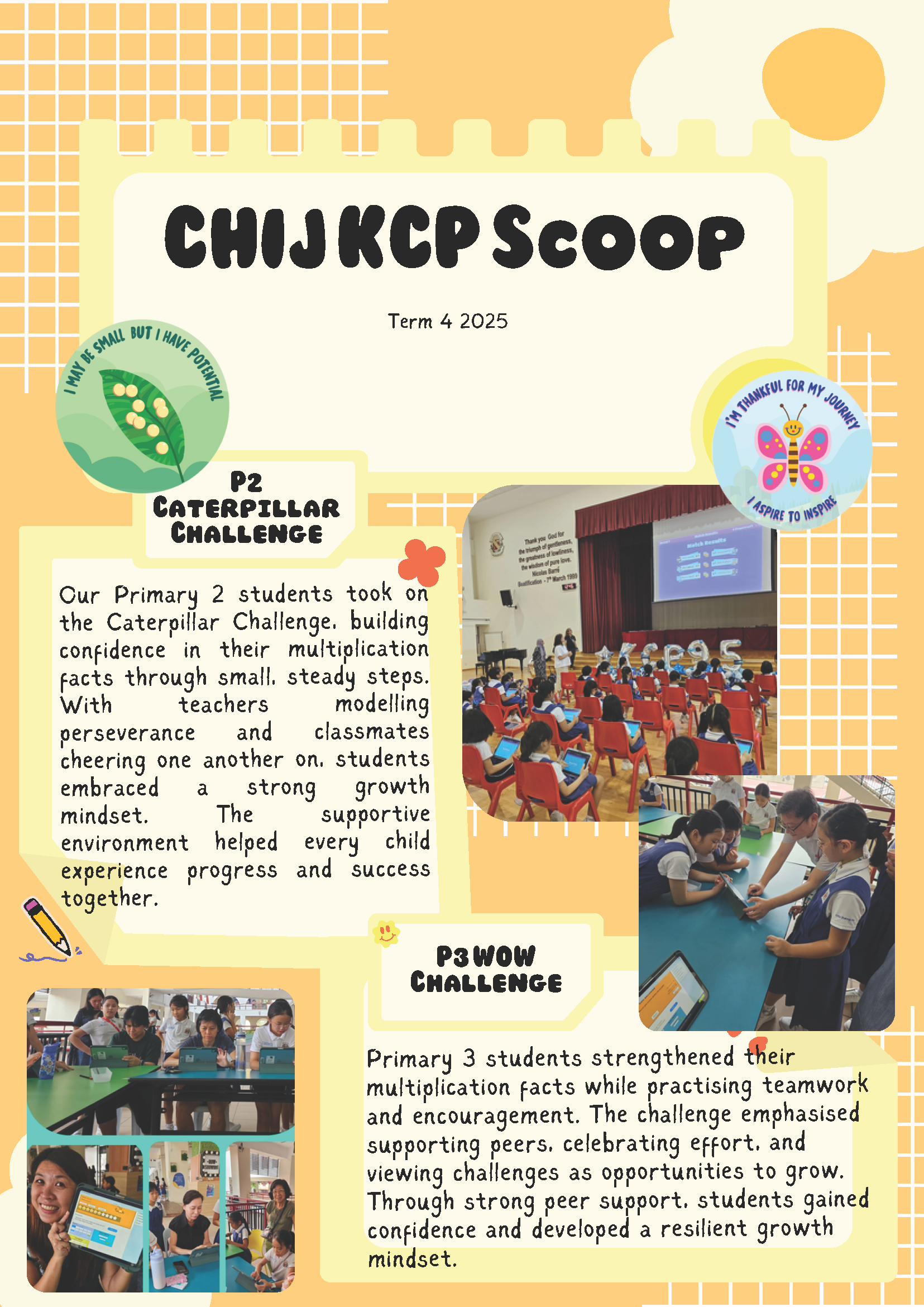 School newsletter titled CHIJ KCP Scoop Term 4 2025 featuring student photos and text about math challenges.