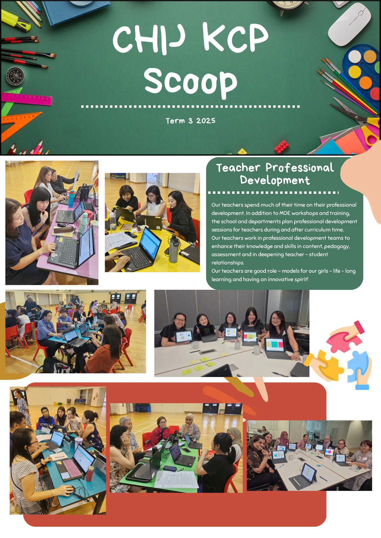 CHIJ KCP Scoop Term 3 2025 newsletter showing teachers in professional development sessions with laptops and tablets.