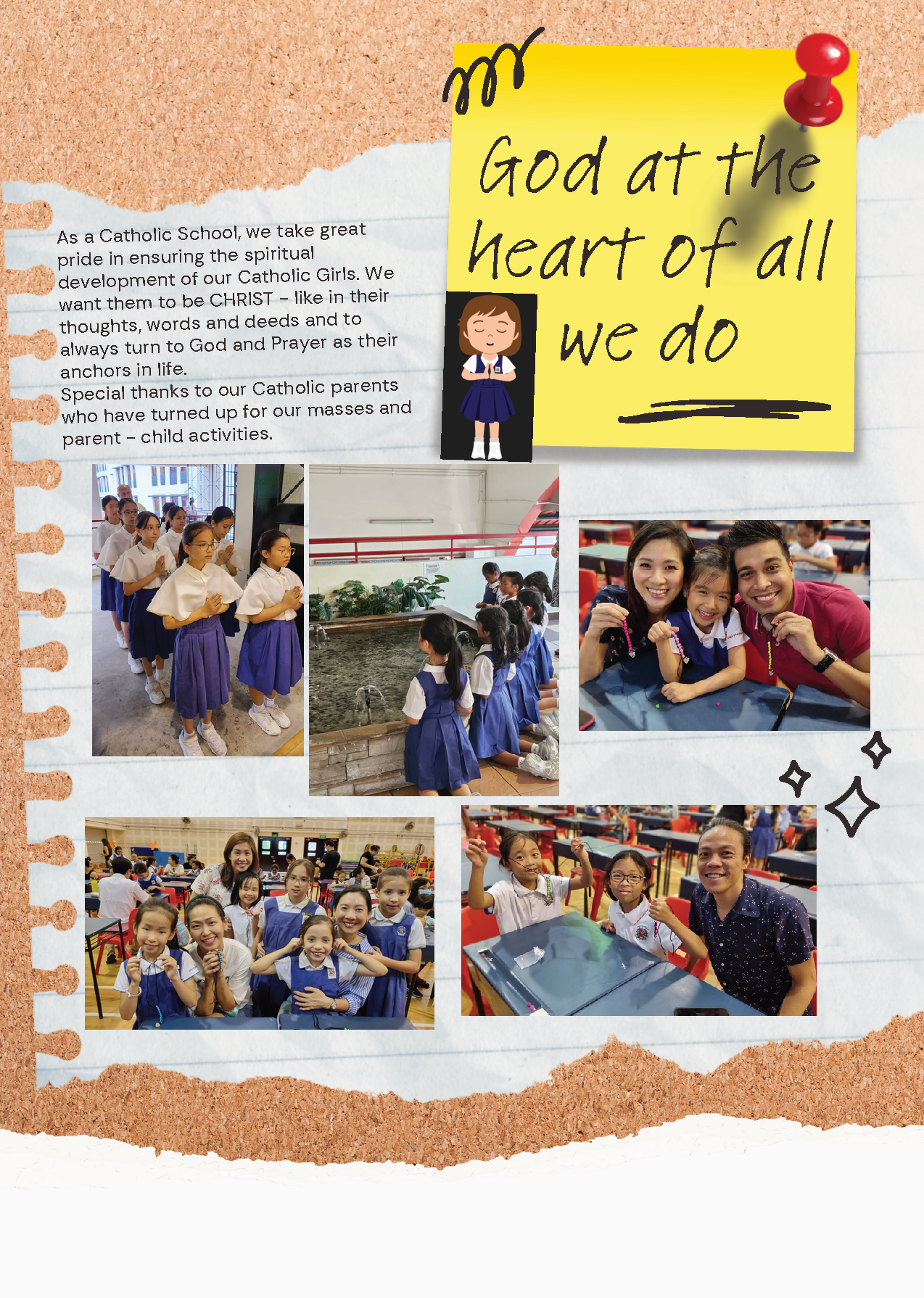 Bulletin board with photos of Catholic school girls in uniforms at prayer and activities with parents.