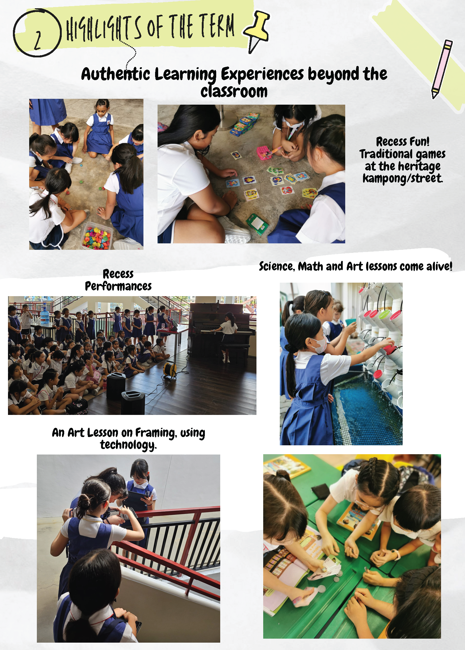 School newsletter showing students in blue uniforms doing traditional games, recess performances, science lessons, and art activities.