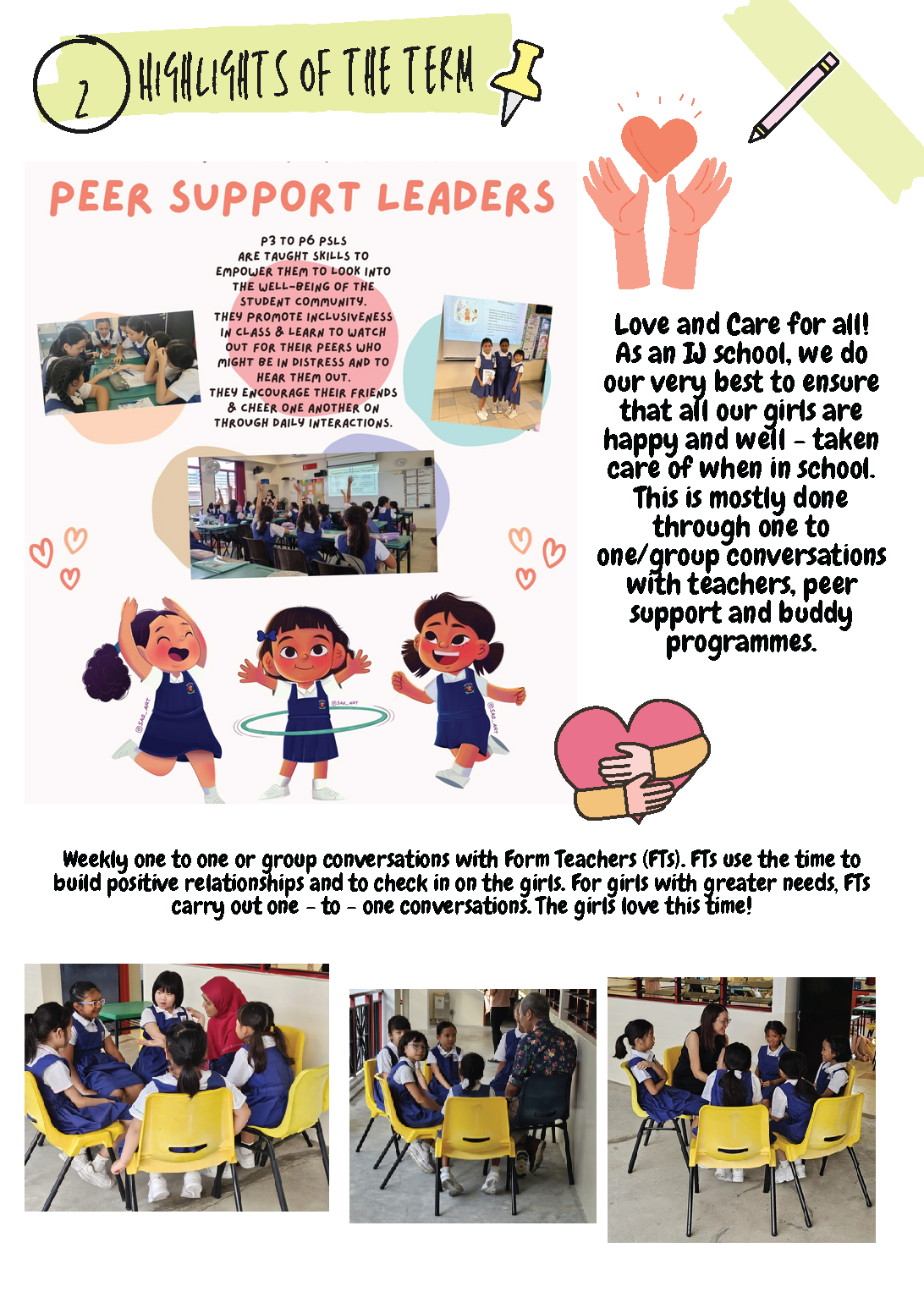 School newsletter page about Peer Support Leaders, showing photos of girls in class and group conversations with teachers.