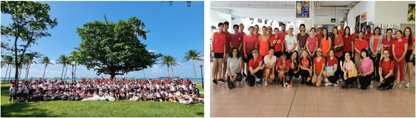 Two group photos: a large crowd outdoors near a beach with palm trees, and a smaller group in red shirts indoors.