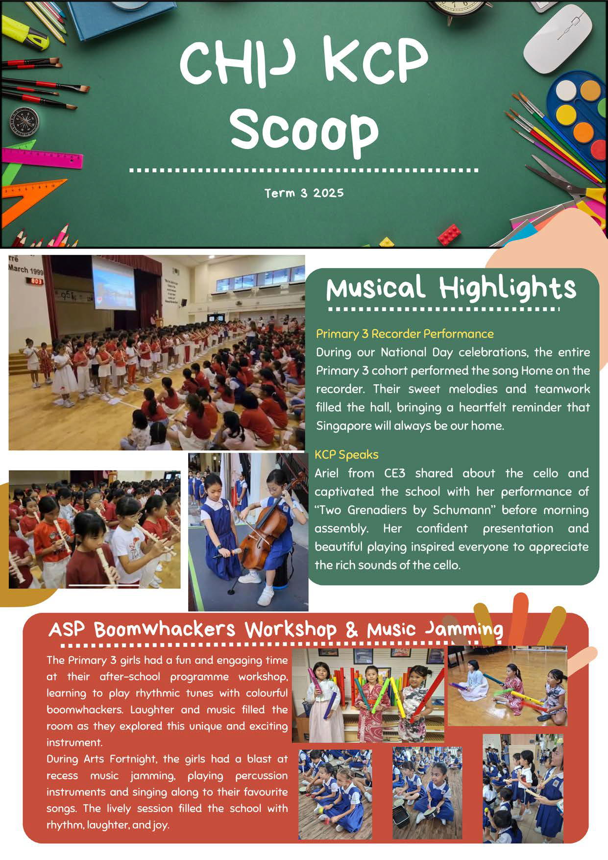 School newsletter titled CHIJ KCP Scoop Term 3 2025 featuring musical highlights and student performance photos.