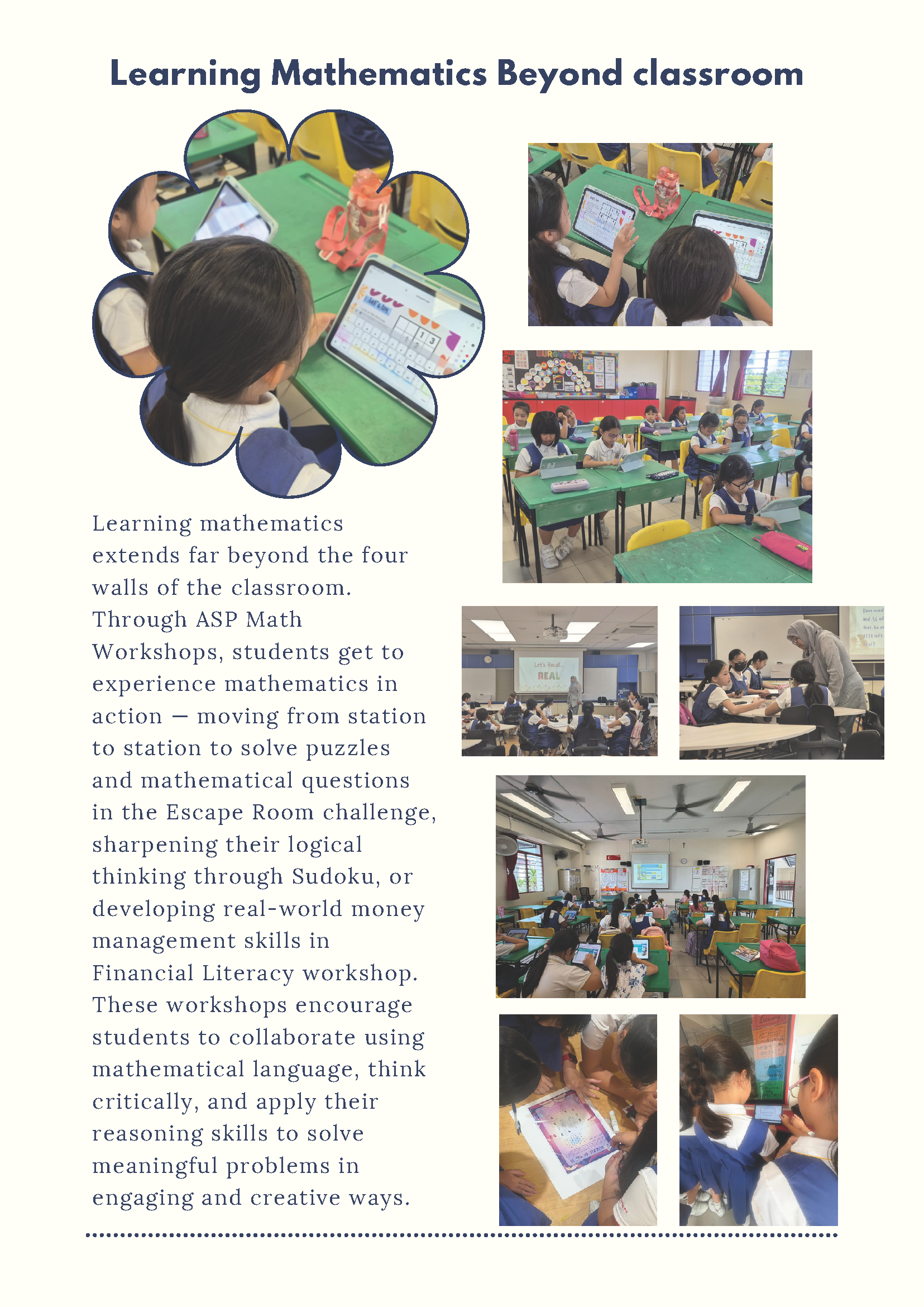 Flyer titled "Learning Mathematics Beyond Classroom" with multiple photos of young students using tablets in workshops.