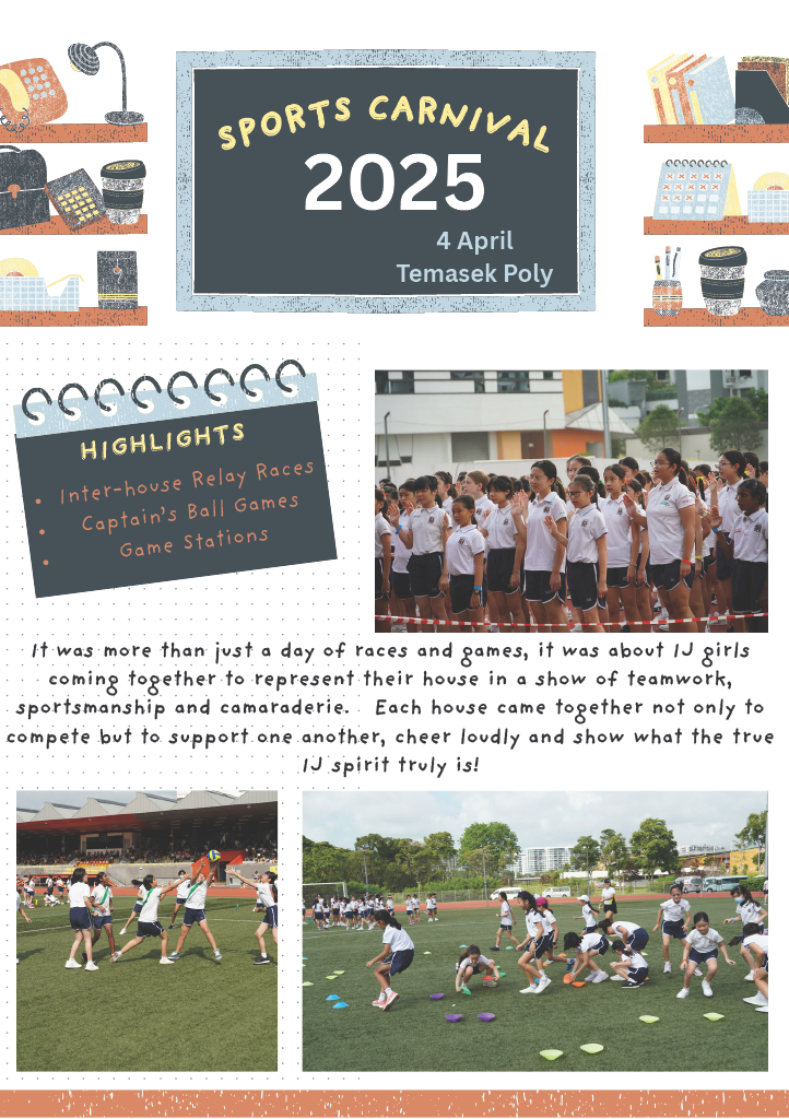 Flyer for Sports Carnival 2025 on 4 April at Temasek Poly, with photos of students in outdoor games.