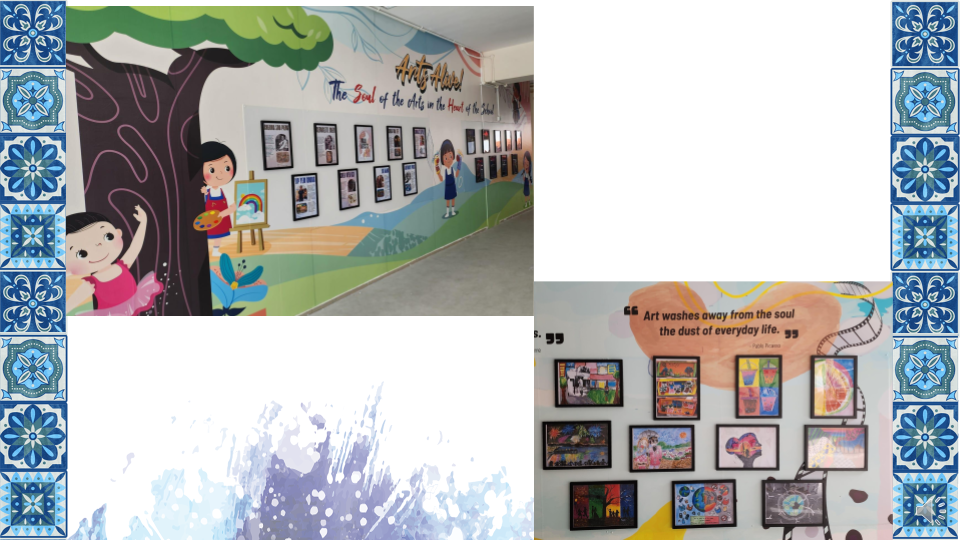 Hallway display titled “Art Hive” showing a colourful mural and a wall of framed student artworks, including drawings and paintings with an inspirational quote.