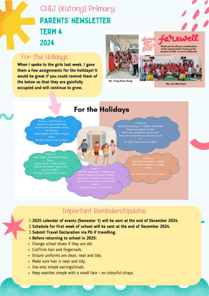 CHIJ Katong Primary Term 4 2024 parents newsletter with holiday assignments and school reminders.