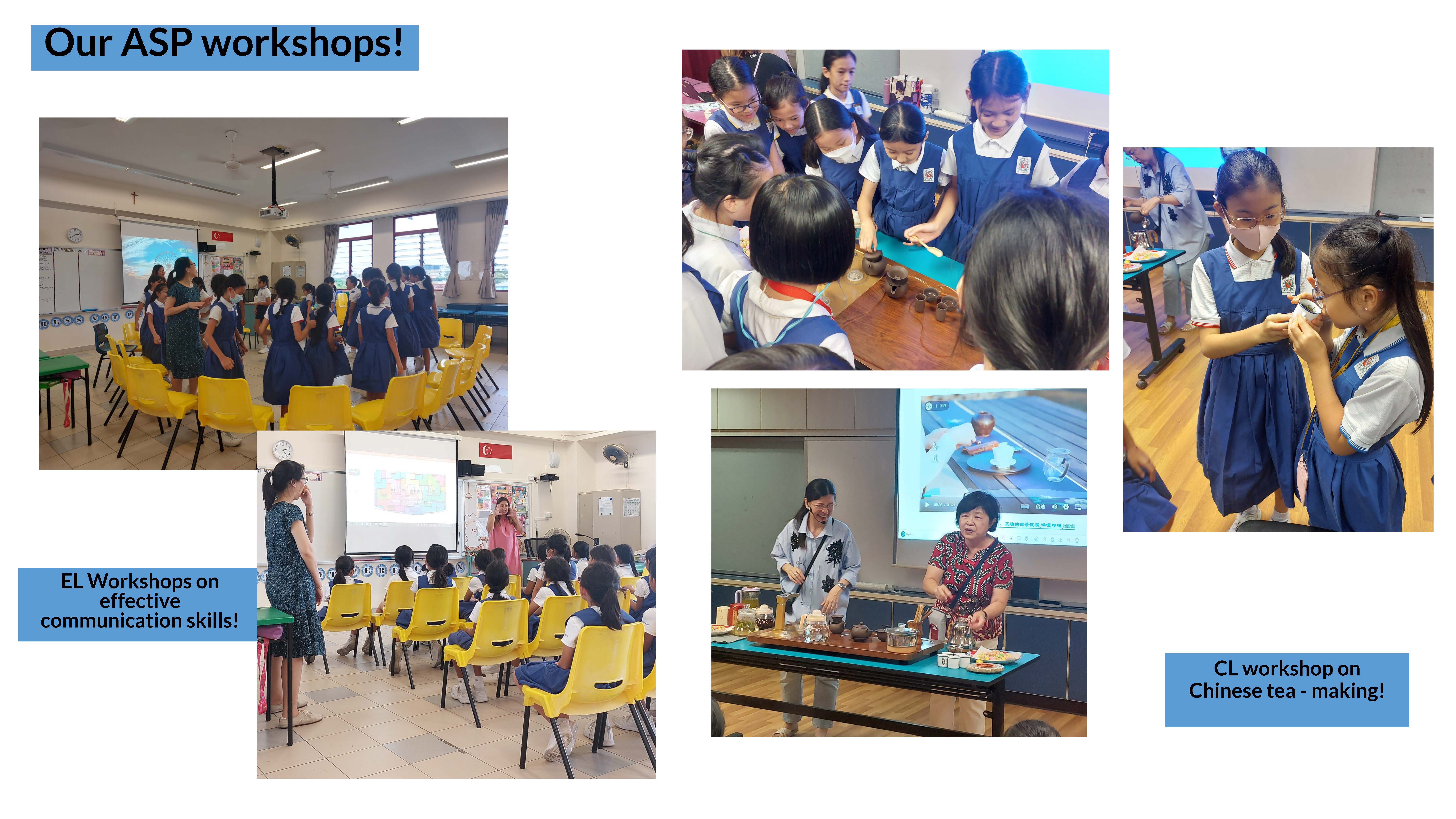 Five photos of school girls in blue uniforms at ASP workshops on communication skills and Chinese tea-making.