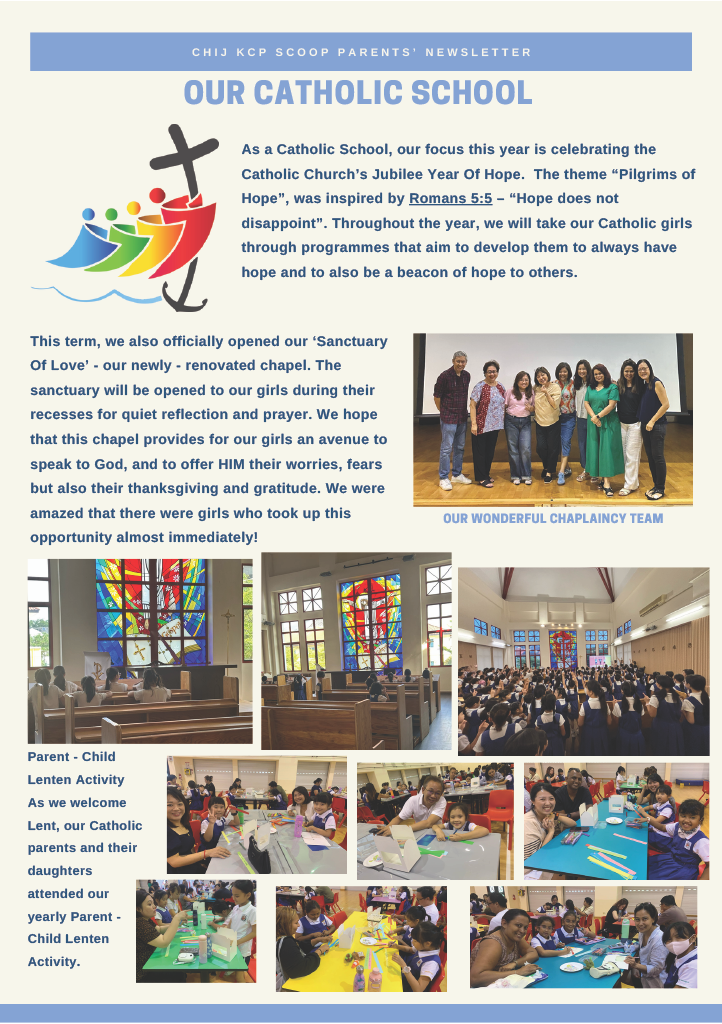 CHIJ KCP Scoop Parents Newsletter page showing chapel photos, chaplaincy team, and Parent-Child Lenten Activity.