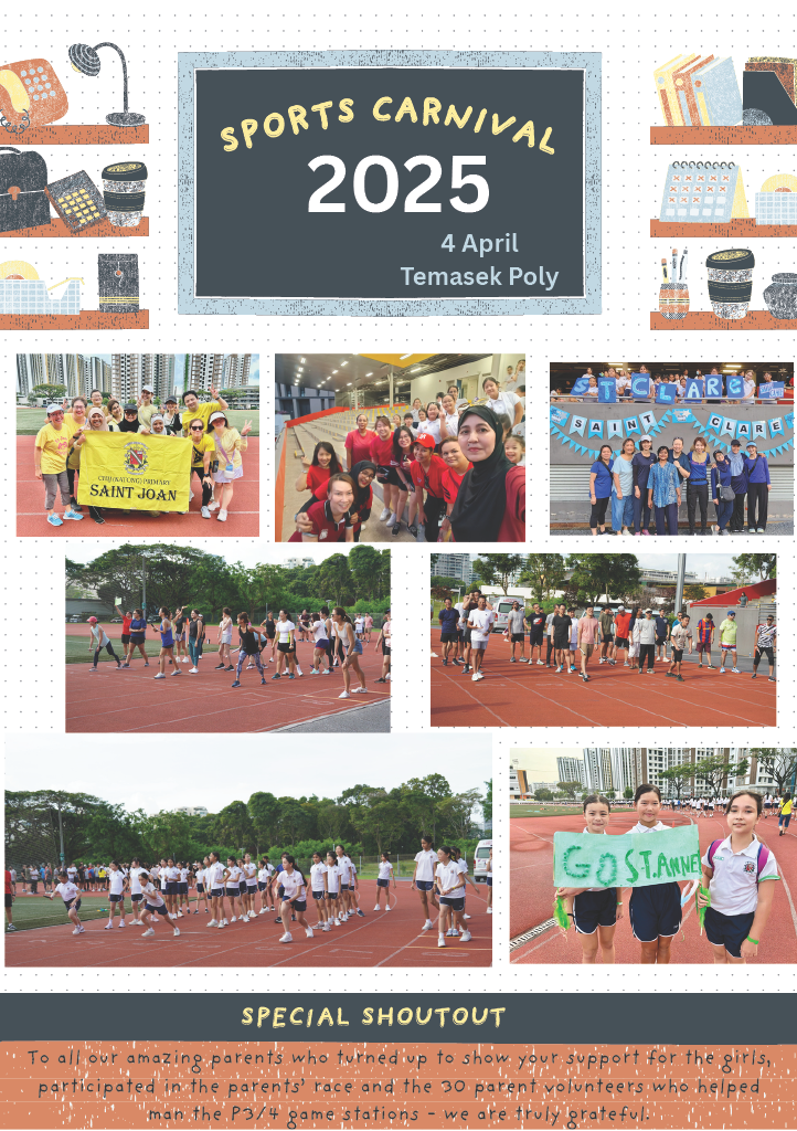 Flyer for Sports Carnival 2025 on 4 April at Temasek Poly, with group photos of participants on a track.