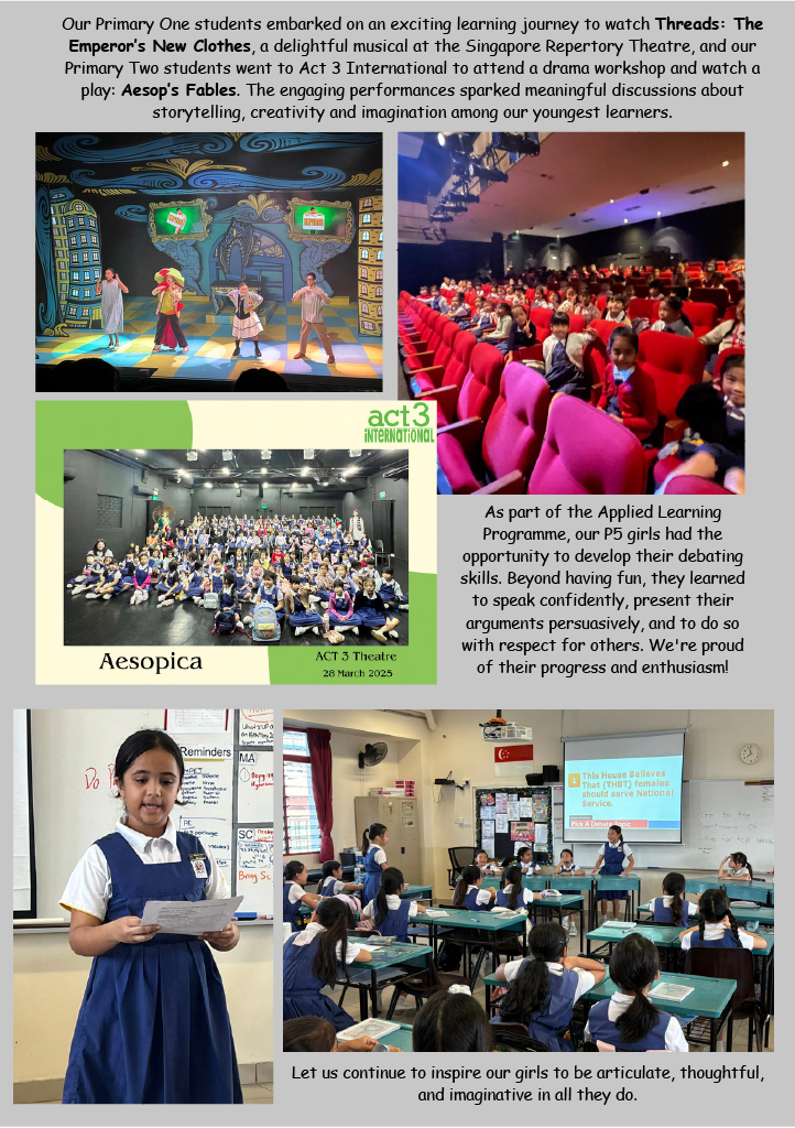 School newsletter showing students at theatre performances, a group photo, and girls practicing debating in a classroom.