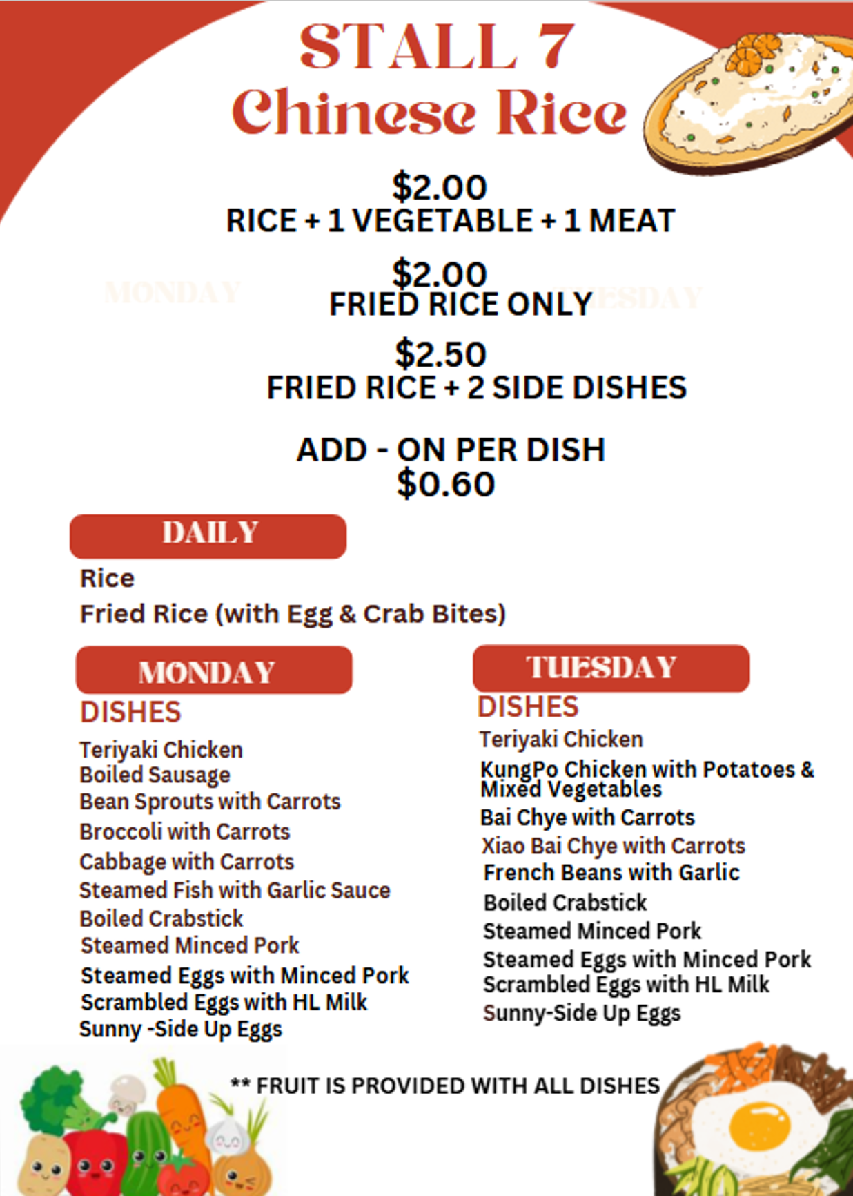 Menu for Stall 7 Chinese Rice showing prices and Monday and Tuesday dish options starting from $2.00.