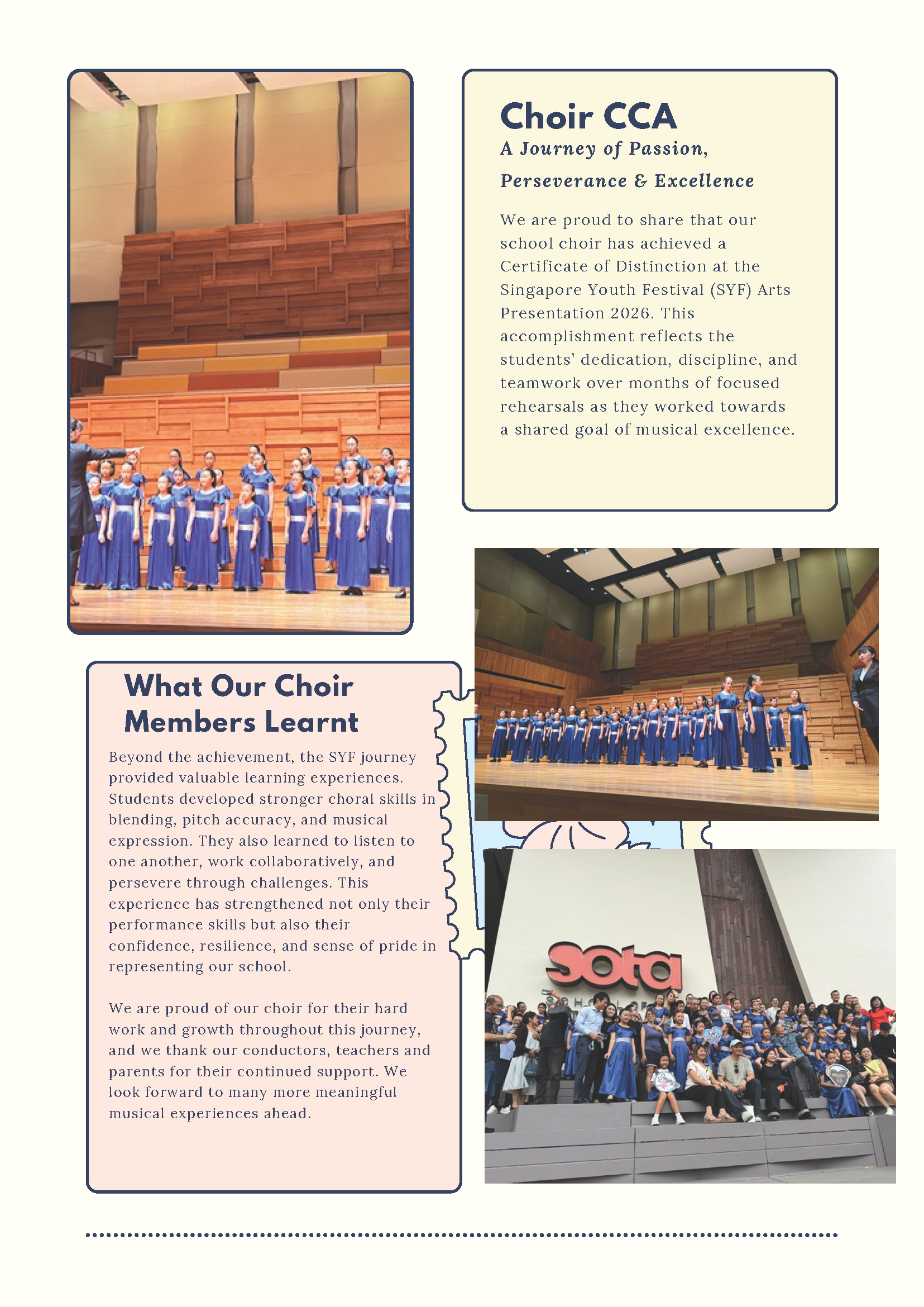 School choir newsletter showing students in blue dresses performing on stage and posing outside the SOTA building.