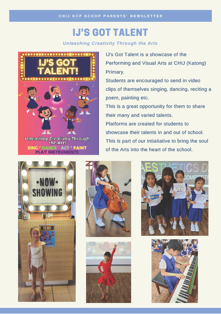 School newsletter for IJ's Got Talent showing students playing cello, dancing, and performing arts activities.