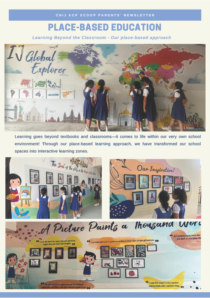 School newsletter showing girls in uniforms exploring colorful educational wall displays including a world map and art gallery.
