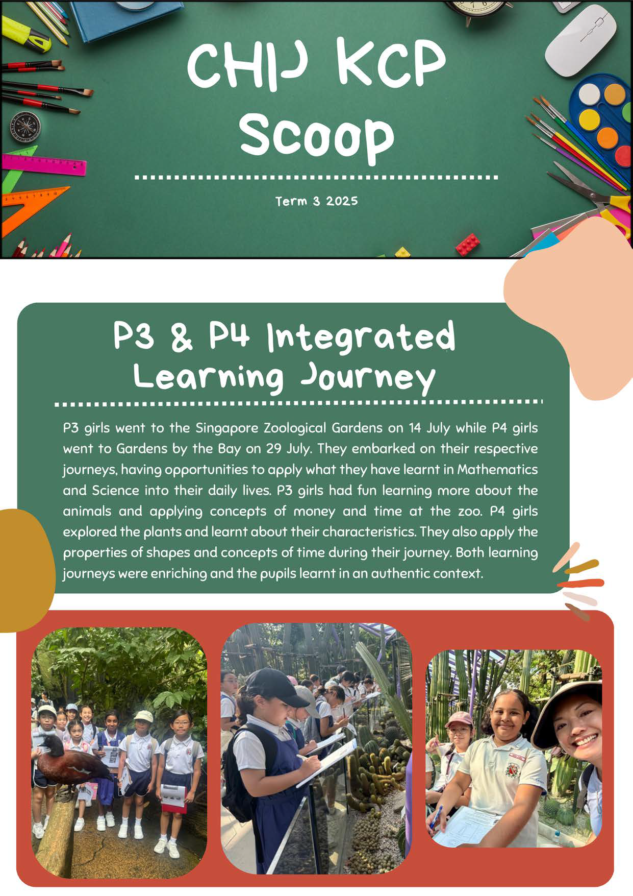 CHIJ KCP Scoop newsletter for Term 3 2025 about P3 and P4 students on integrated learning journeys.