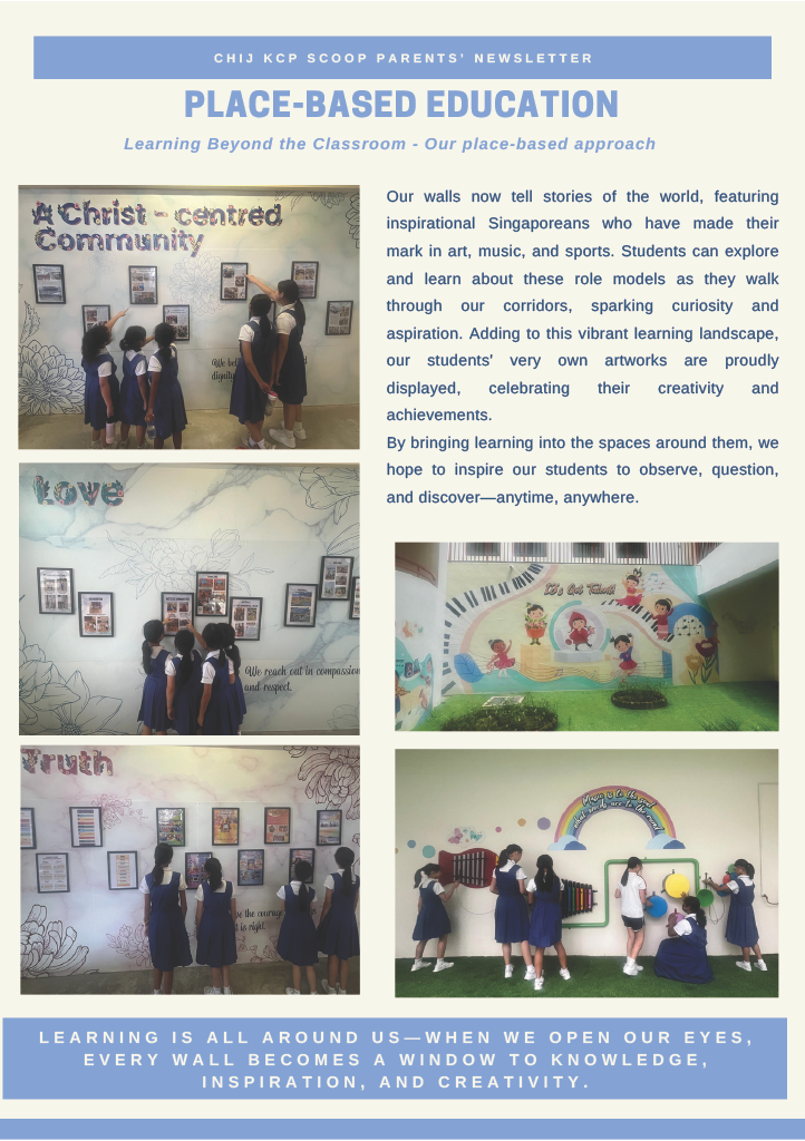 School newsletter showing students in uniforms exploring decorated corridor walls with artwork and framed displays.