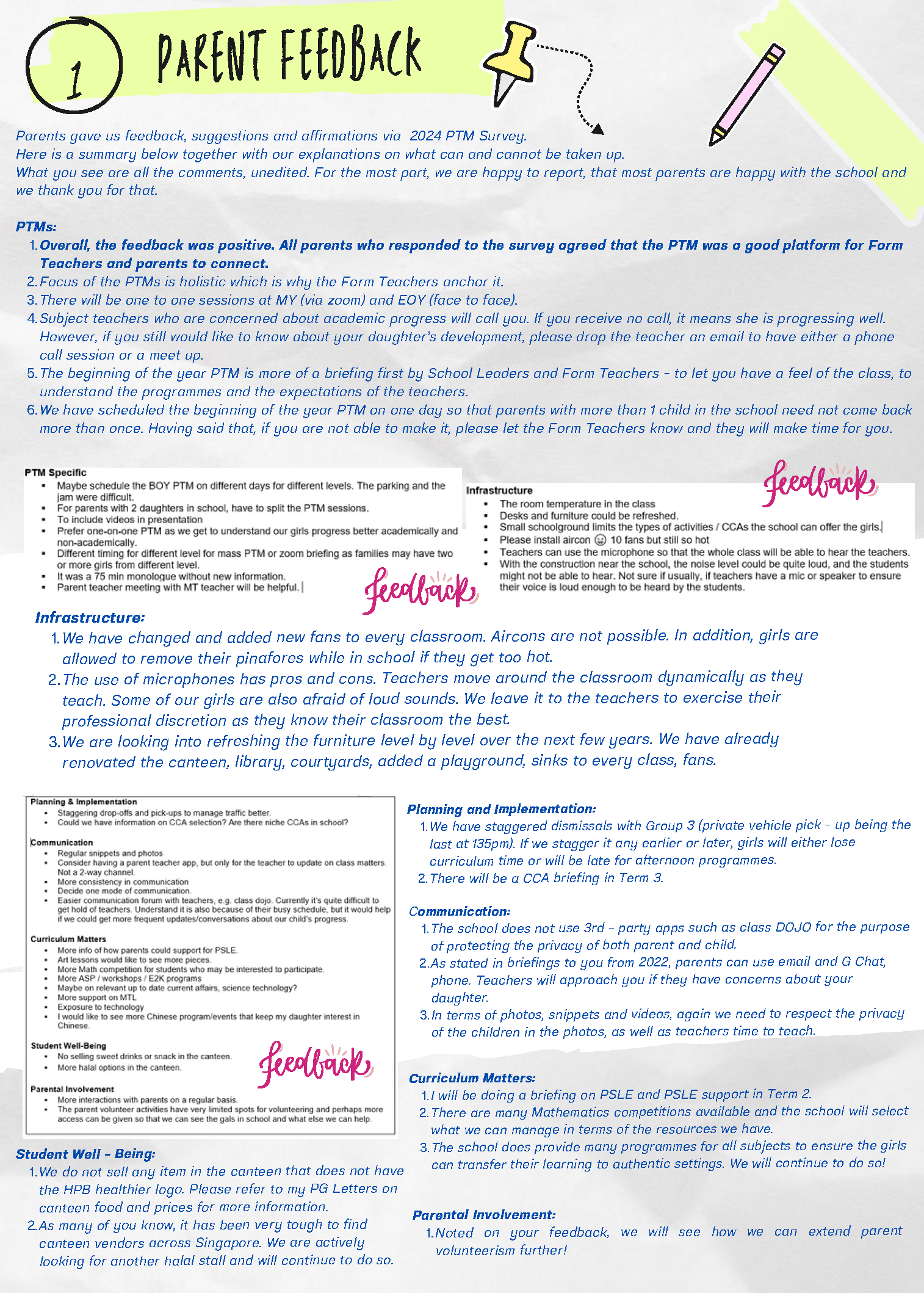 A school parent feedback document titled "Parent Feedback" with sections on PTMs, infrastructure, and communication responses.