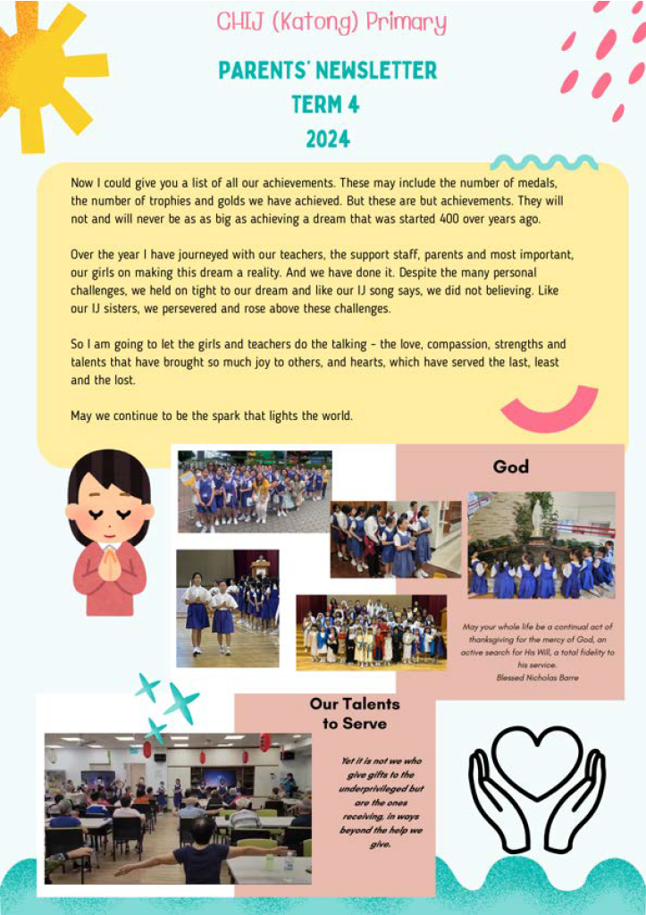 CHIJ Katong Primary Parents Newsletter Term 4 2024 with student photos and inspirational text.