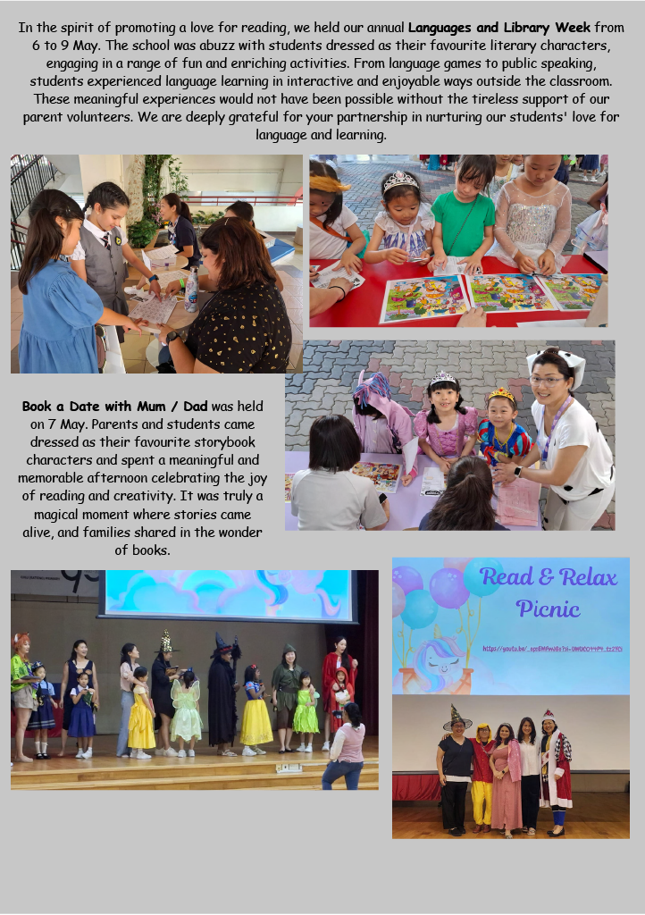 Students and parents dressed as storybook characters doing activities during a school Languages and Library Week event.