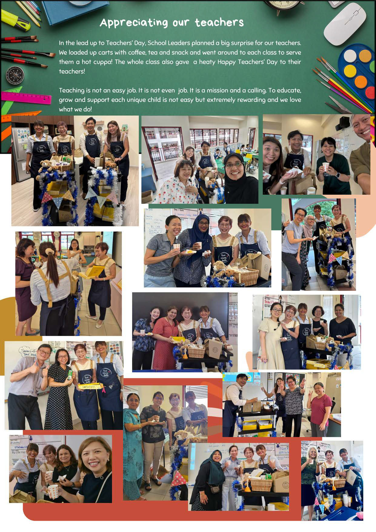 A collage of teachers receiving drinks and gifts from school leaders during a Teachers' Day appreciation event.